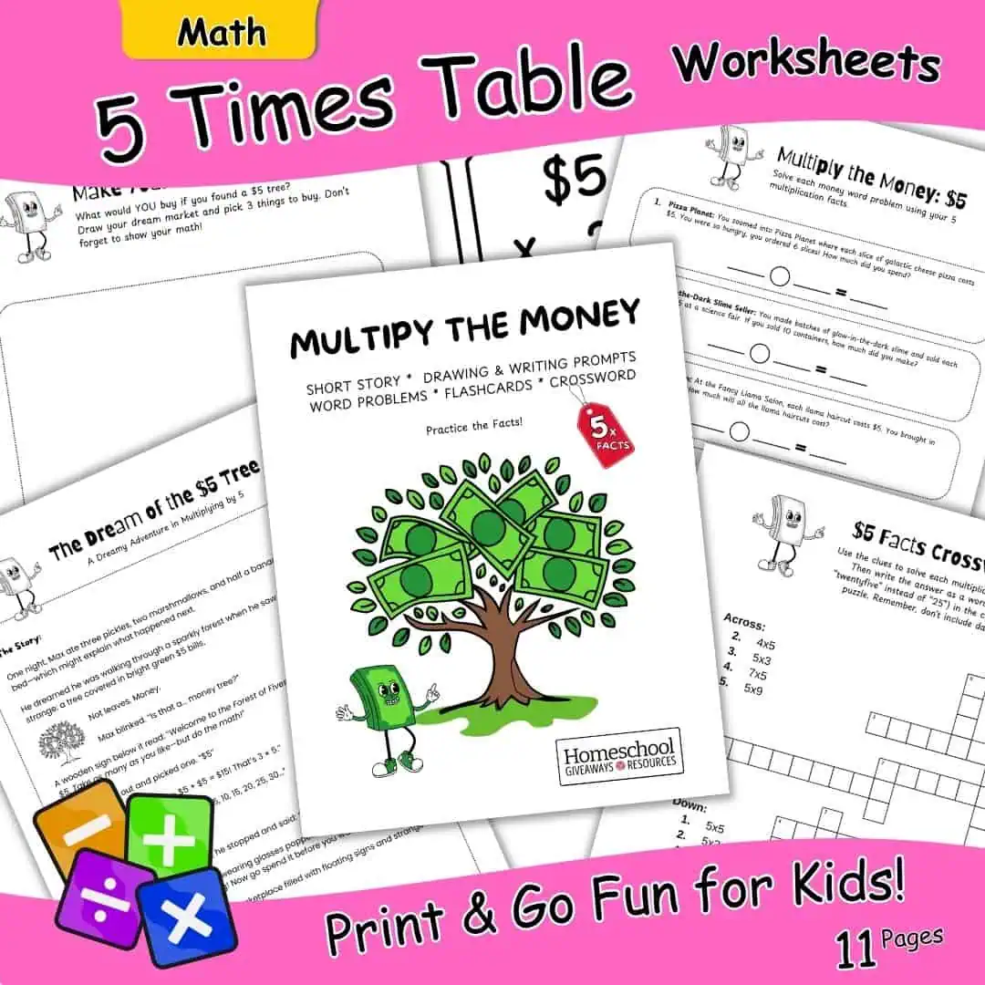 multiply the money 5 times table worksheets with money tree and previews of the pages