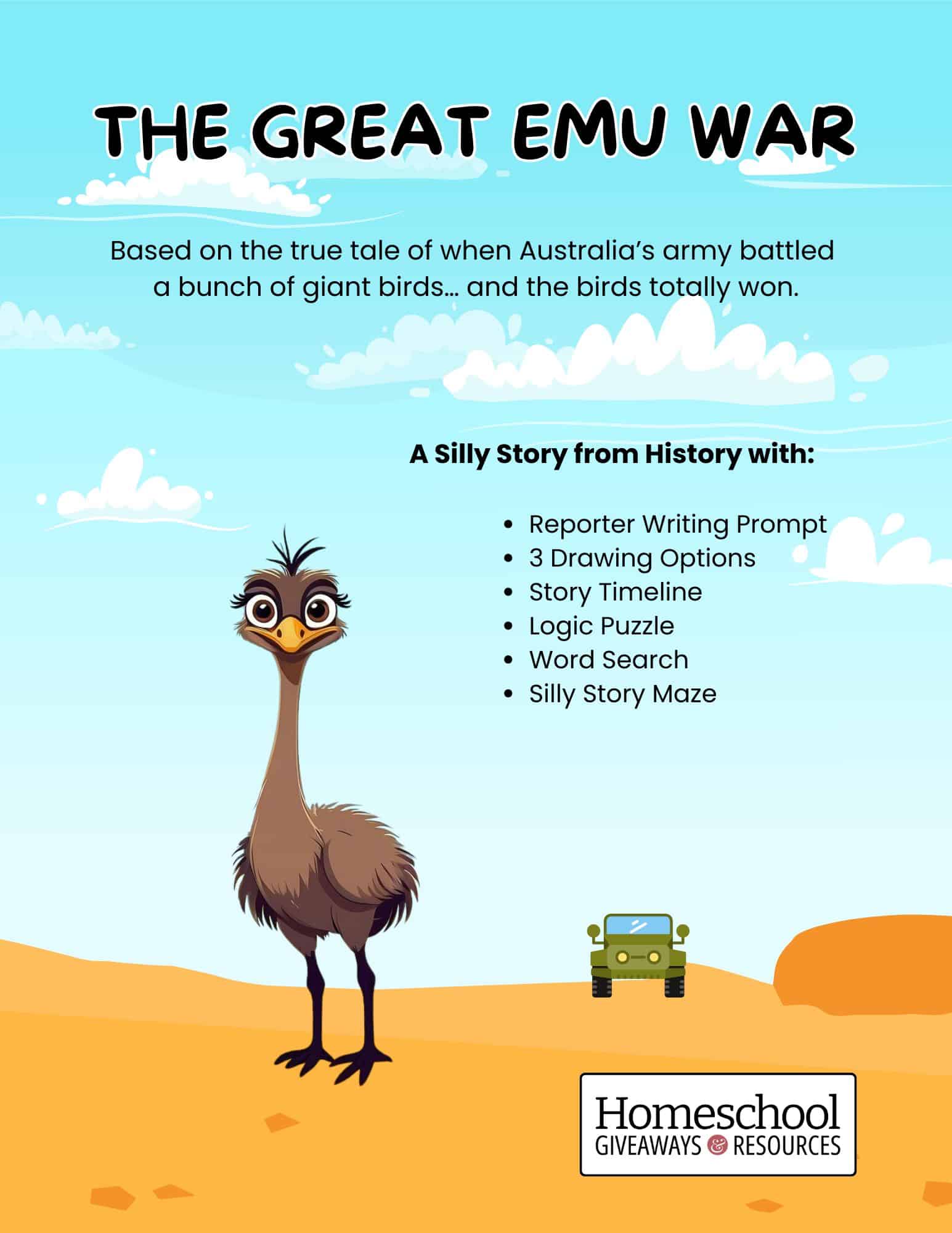 Emu with a jeep in Australia cartoon - funny historical events