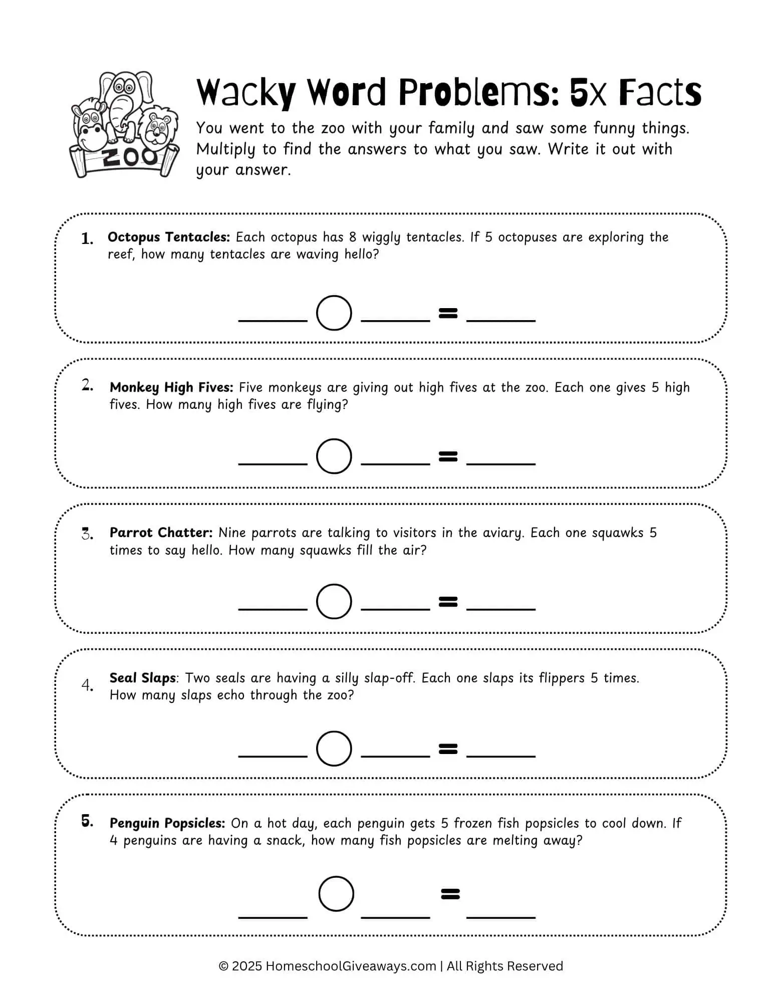5 times table worksheet with zoo word problems