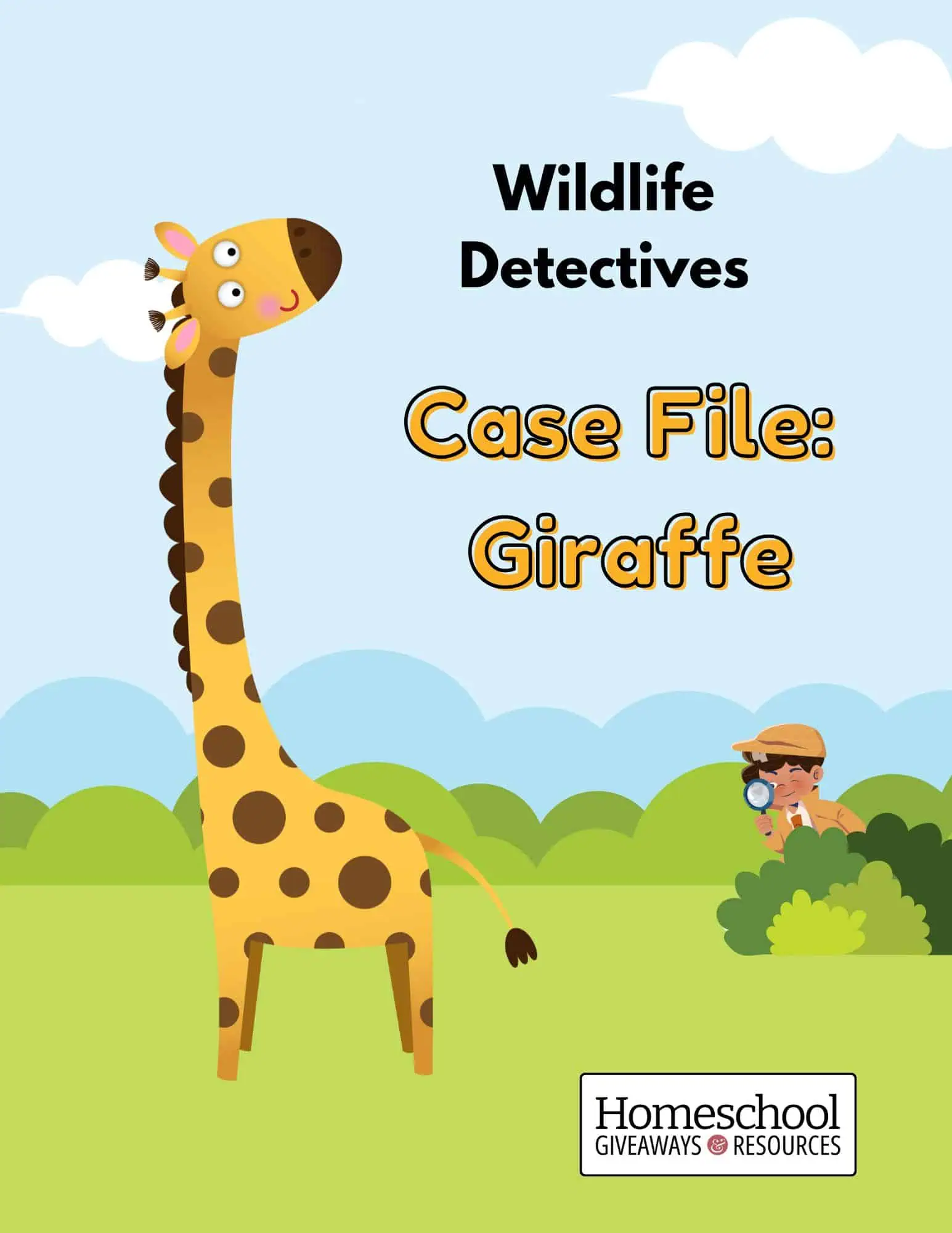 giraffe on savanna with kid in the bushes