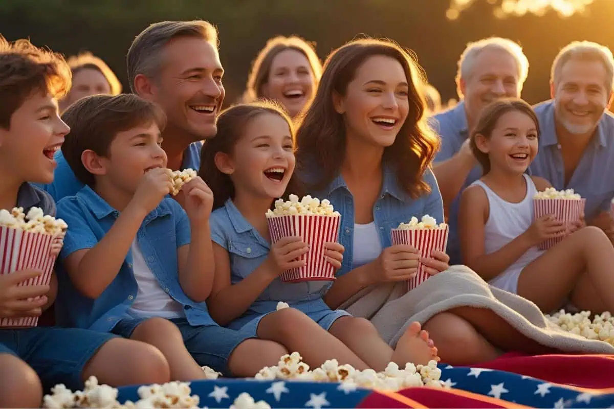 independence day movies for kids with family sitting outside with popcorn
