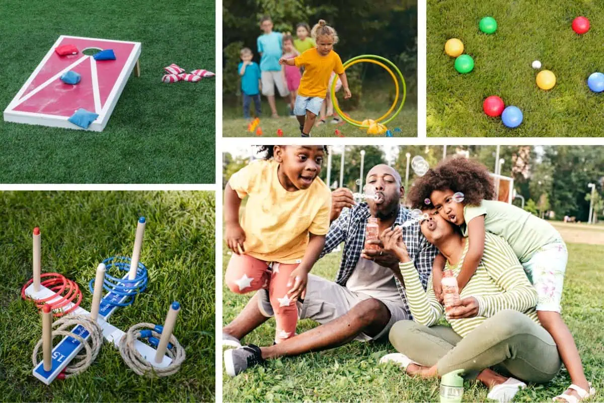corn hole, ring toss, hula hoops, bocce ball, and bubbles with a family are great outdoor yard games for kids
