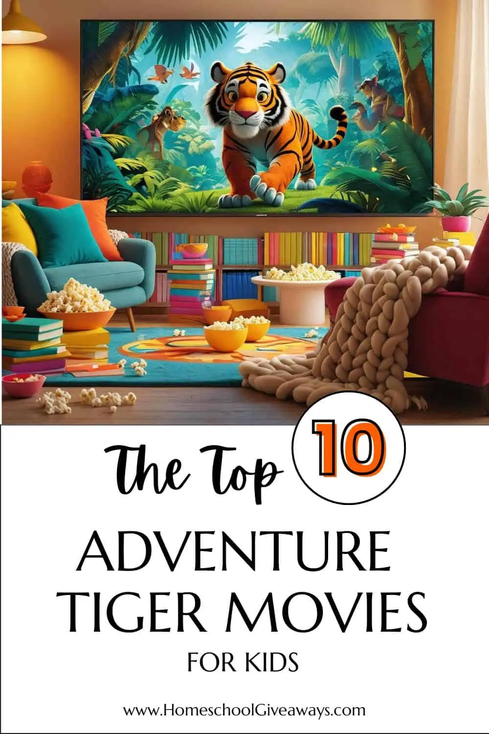 Cozy, colorful living room with a flat-screen TV showing a friendly tiger in a jungle scene, perfect for a family movie night. The setting highlights a fun and inviting atmosphere for kids and teens, ideal for a tiger movies list.