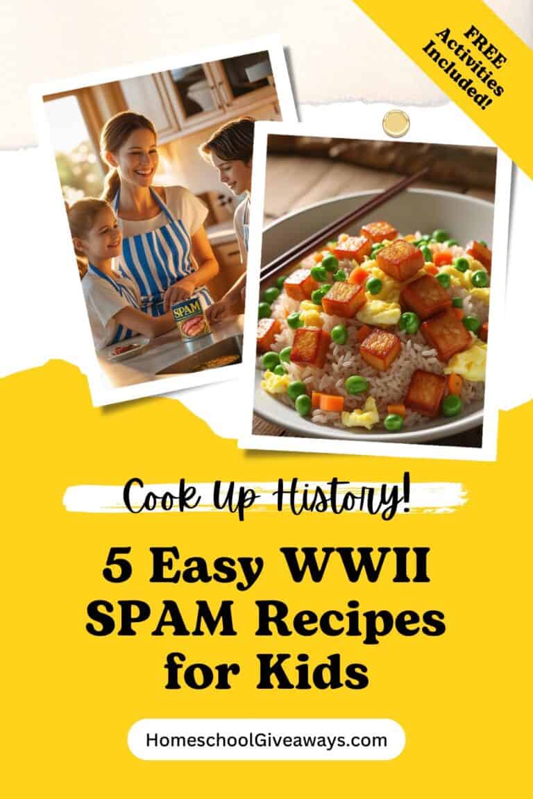 Cook Up History with 5 Easy WWII SPAM recipes for kids with image of a mom and 2 kids in the kitchen and SPAM fried rice in a white bowl