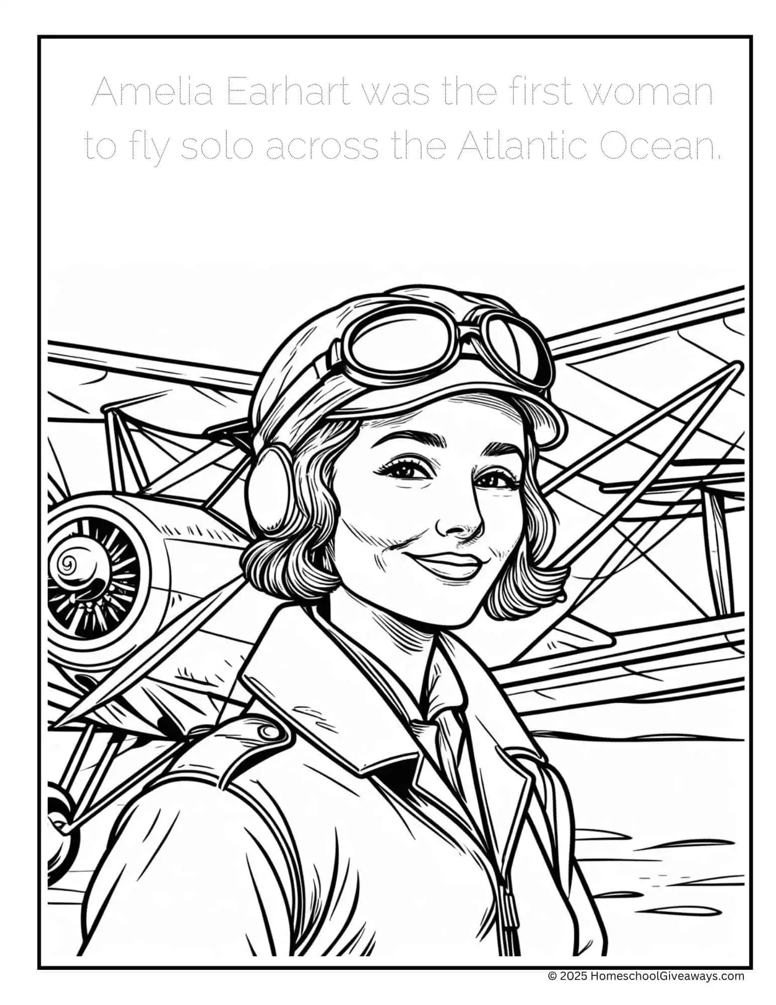 Printable Amelia Earhart coloring page for kids featuring Amelia standing in front of a vintage airplane, with a traceable fun fact about her first solo flight across the Atlantic Ocean.