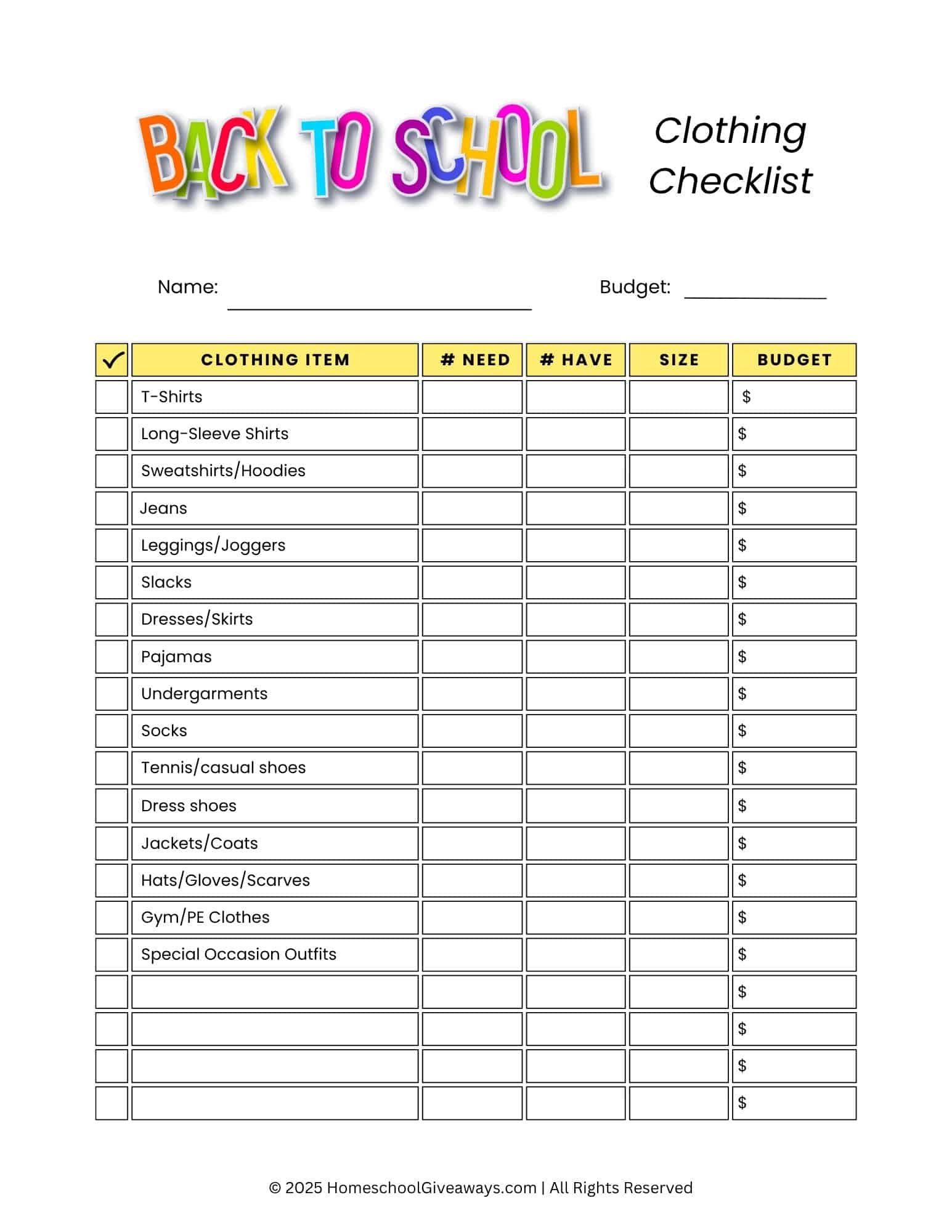 back to school clothes checklist with 16 items to use as a guide including room for a budget