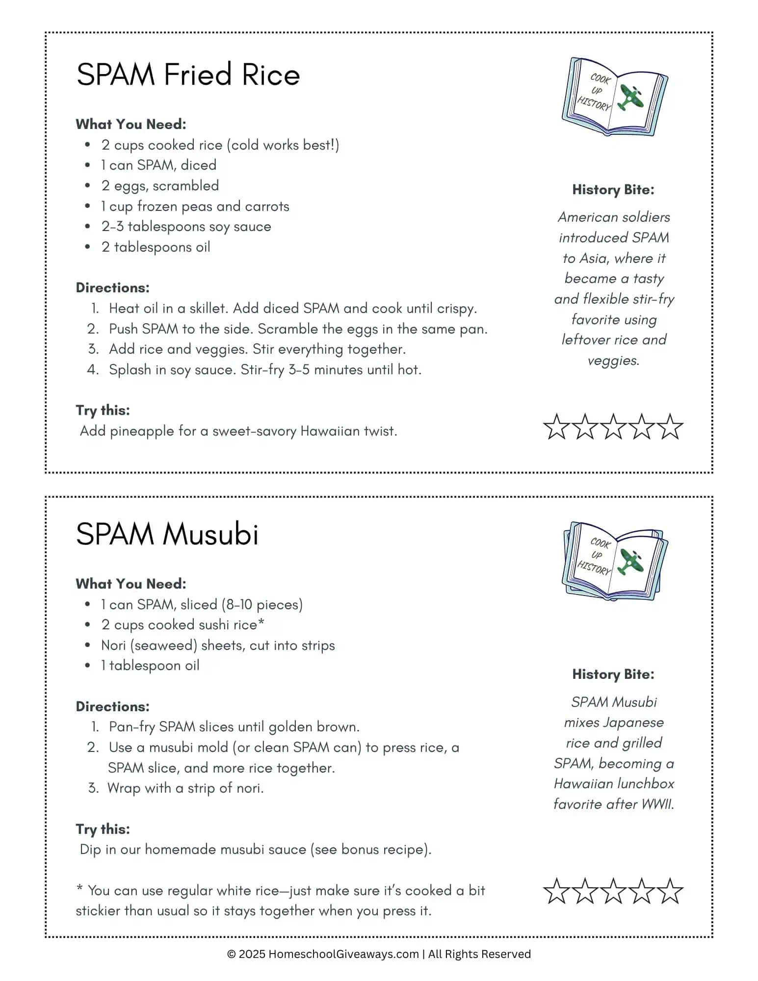 5 SPAM recipes on cards + 2 bonus recipes. Each card also has a quick history note and 5 stars to color to rate the recipe