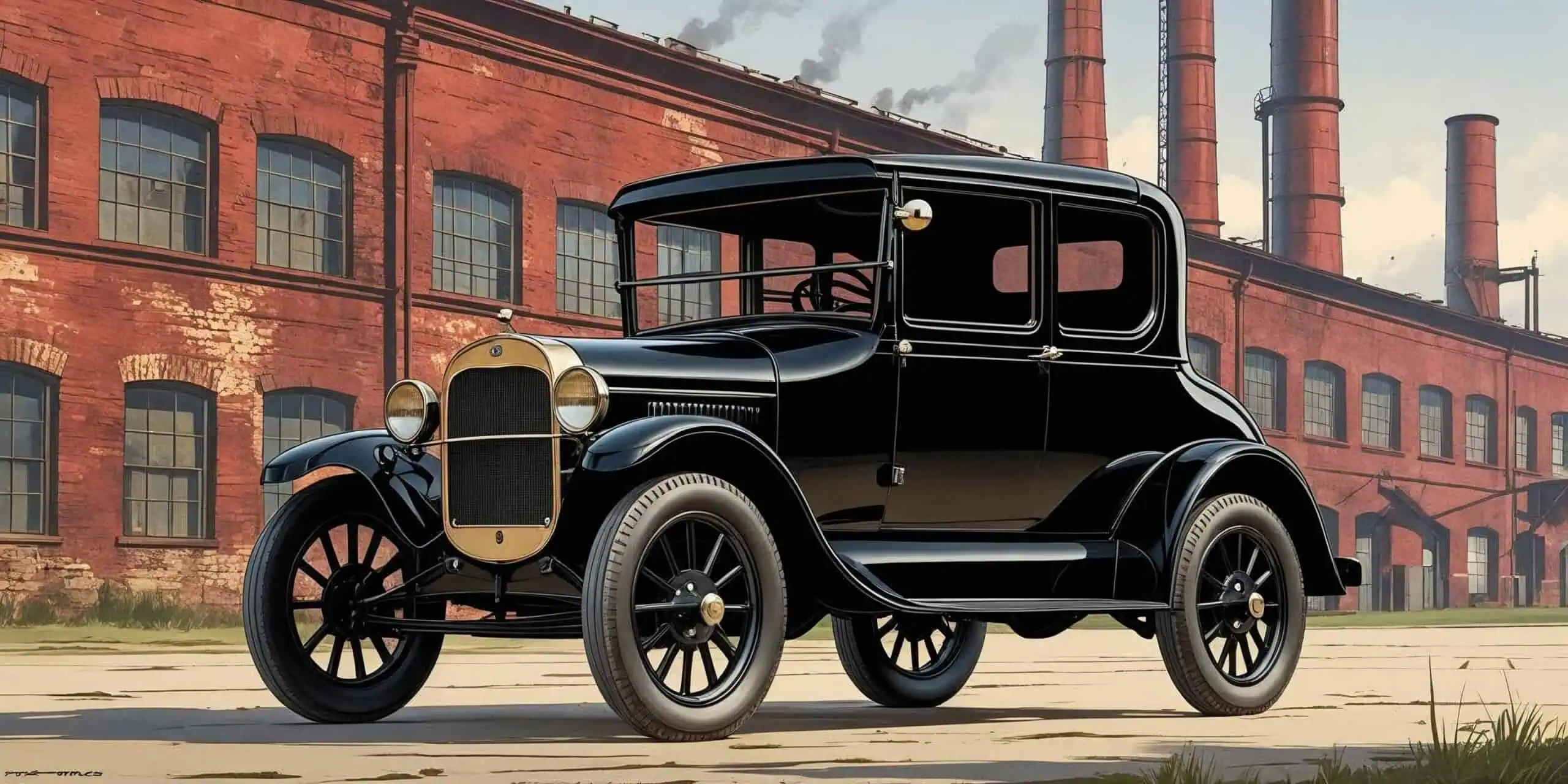 Simple side-view graphic of a vintage black Model T car parked in front of an old brick factory, with a historic, kid-friendly design style and muted colors.