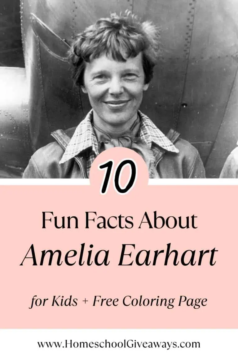 Photo of Amelia Earhart standing in front of her airplane with a soft pink box overlay reading '10 Fun Facts About Amelia Earhart for Kids + Free Coloring Page.