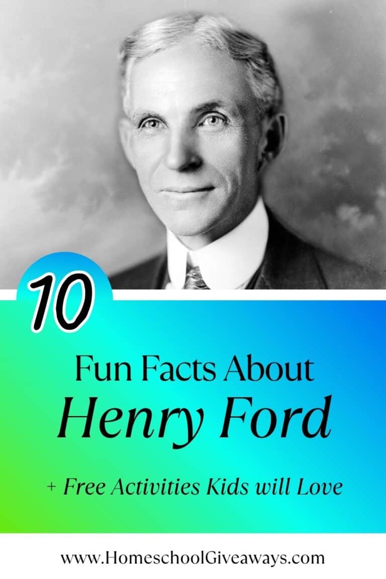 Black and white photo of Henry Ford with bold text that reads '10 Fun Facts About Henry Ford + Free Activities Kids Will Love' in bright, eye-catching colors. Perfect for homeschoolers, teachers, and curious kids.