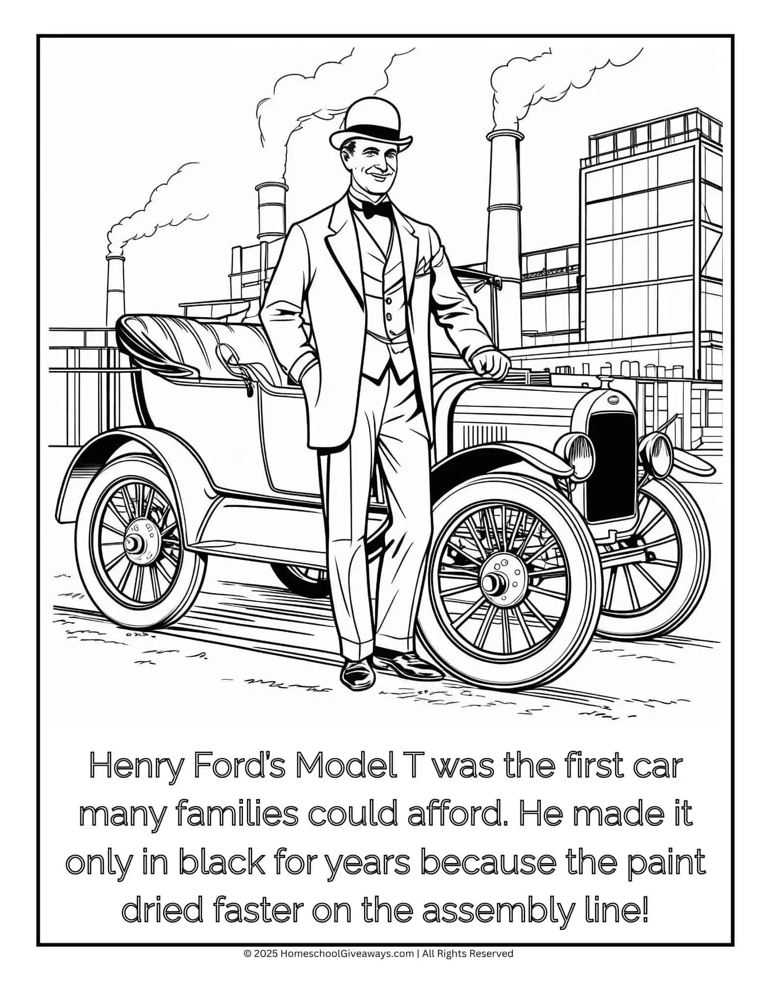 Black and white coloring page of Henry Ford standing next to his Model T car, designed for kids to color while learning about early car inventions.