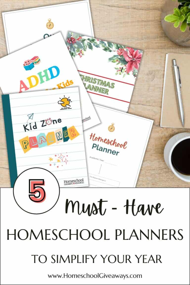 5 must-have homeschool planners with cover pages, coffee cup, pen and small plant on desktop