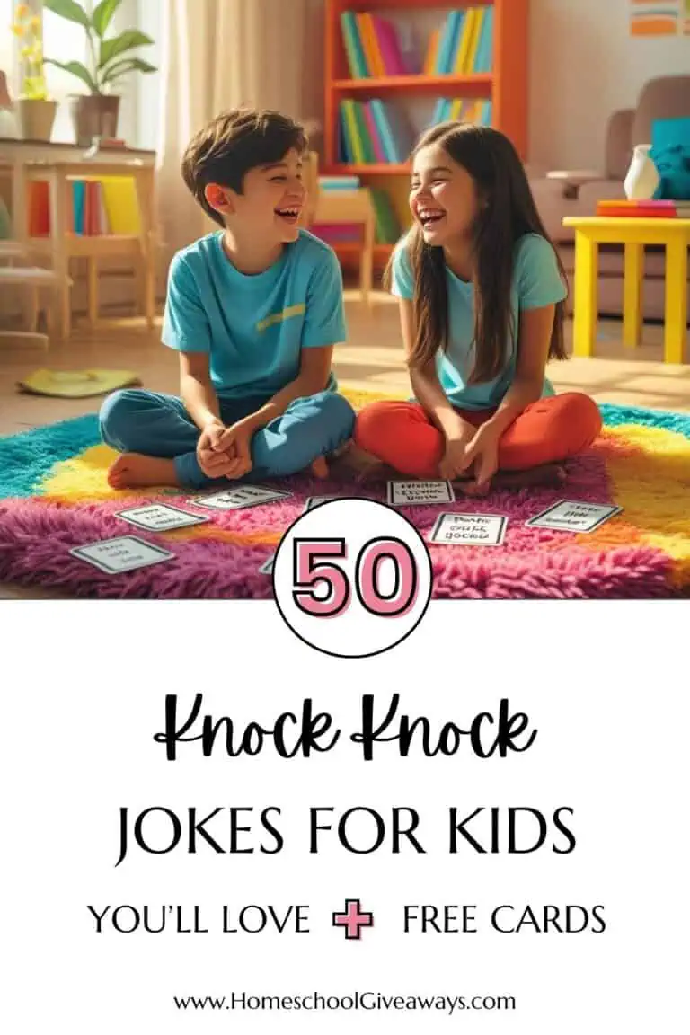 A colorful, cozy illustration of a boy and girl (around 6–8 years old) sitting cross-legged on a rug in a bright living room, laughing together. Include scattered knock knock joke cards or papers on the floor between them. Use a warm, playful cartoon style with soft lighting, vibrant primary colors, and simple furniture like a small table or bookshelf in the background. No text or words."
