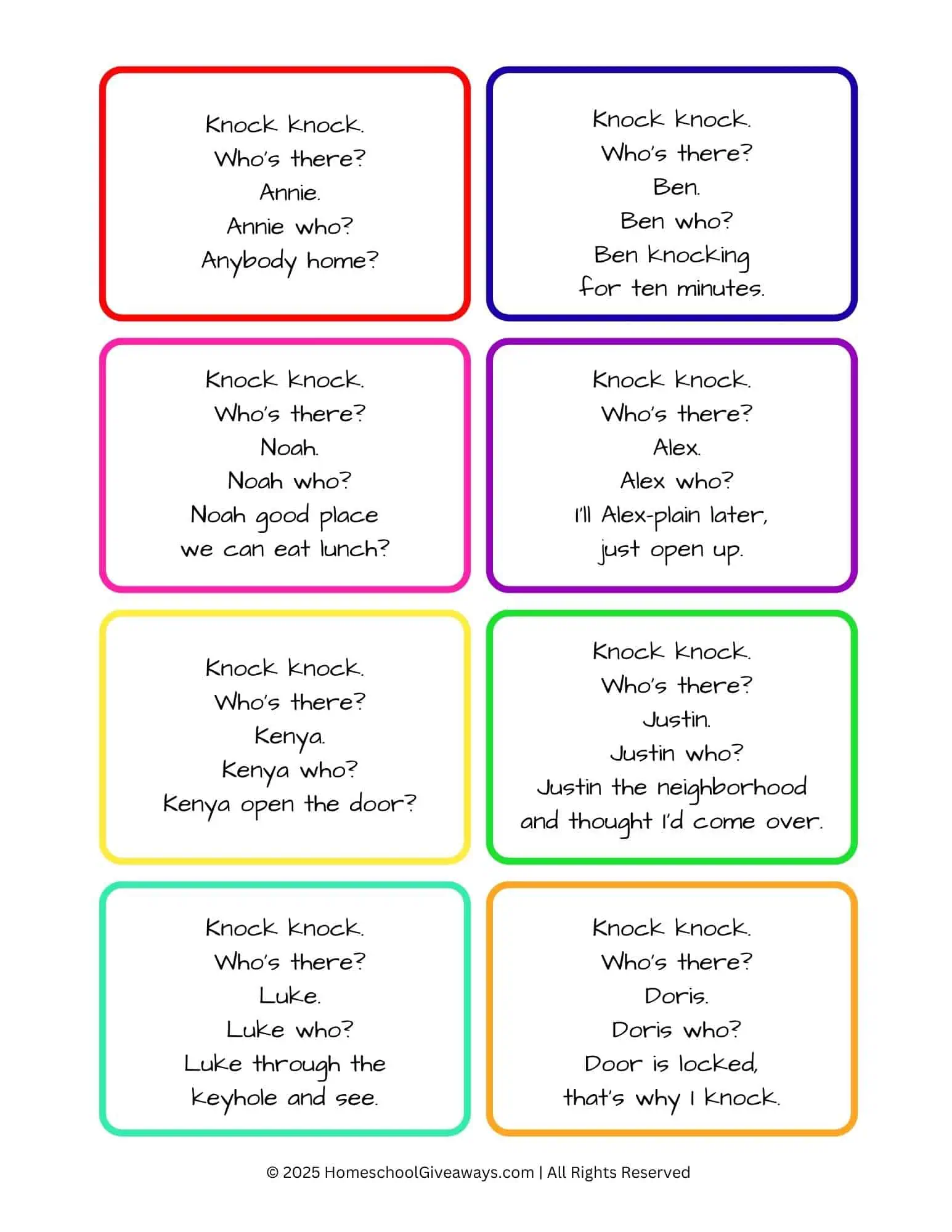 Eight colorful knock knock joke cards for kids displayed on a page, featuring fun animal, food, and holiday-themed jokes