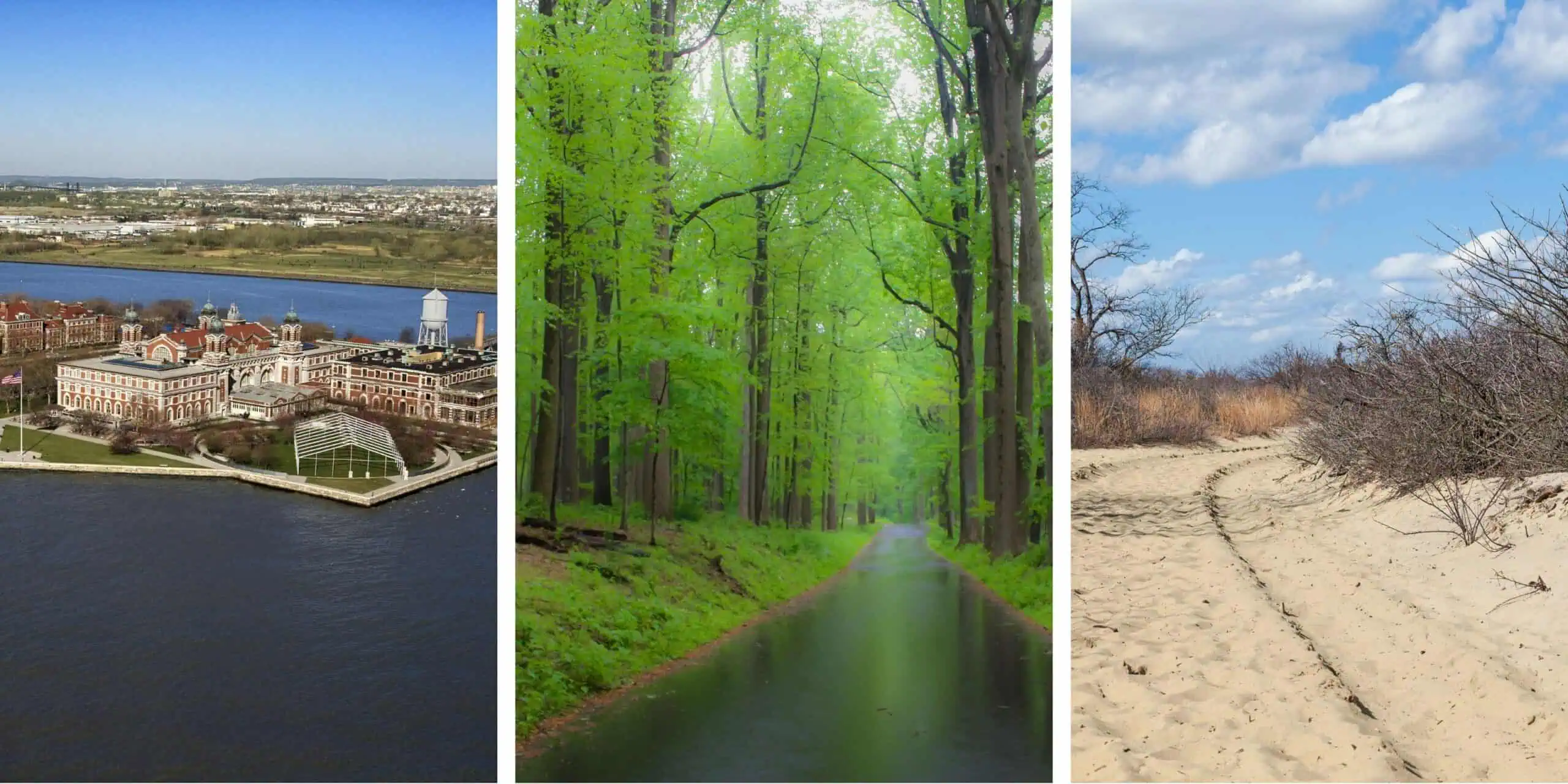 Three New Jersey national parks: Aerial view of Ellis Island surrounded by water, a lush green forest at Morristown National Historical Park, and a sandy trail at Gateway National Recreation Area.