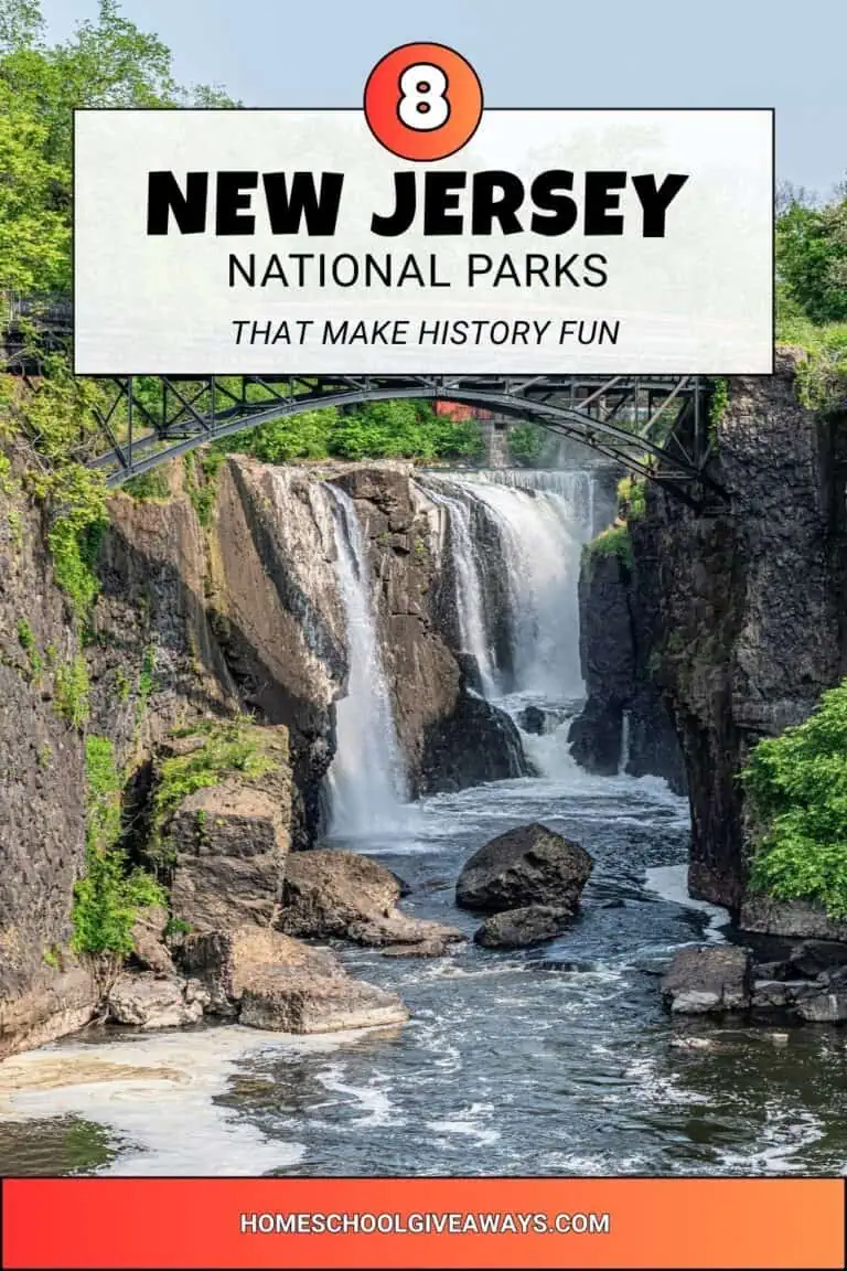 A scenic view of Paterson Great Falls with sunlight shining on the cascading water. Text overlay reads “8 New Jersey National Parks That Make History Fun” - perfect for families looking to explore parks with hands-on learning activities.