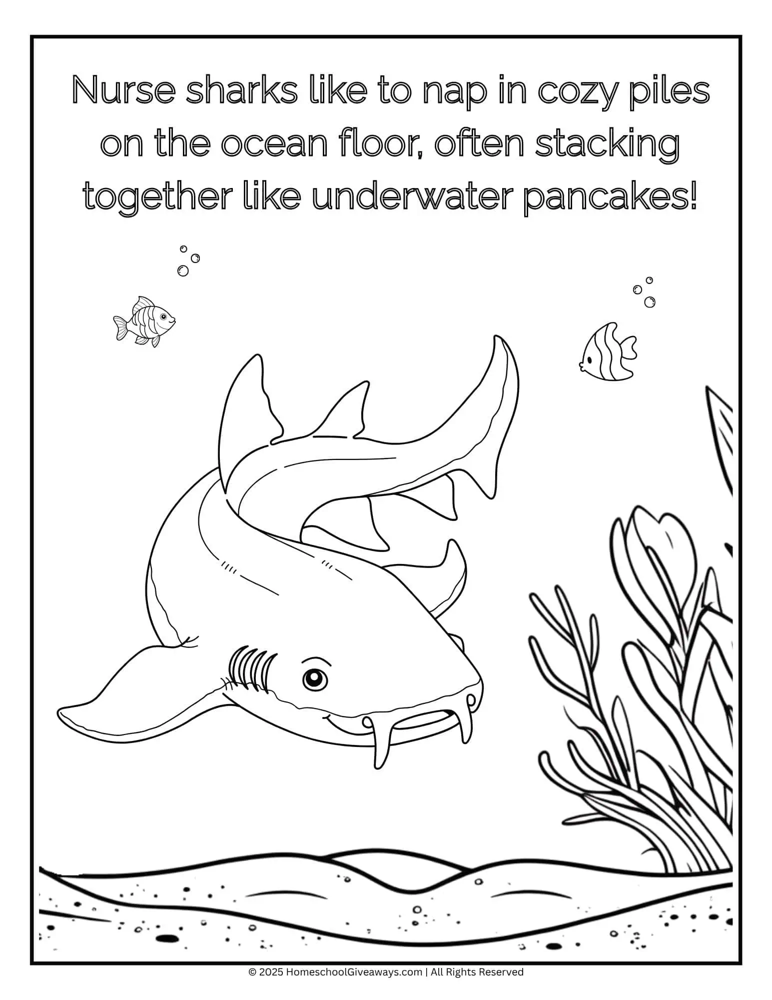 Nurse shark coloring page featuring a nurse shark getting ready to rest on the sandy sea floor near seagrass.