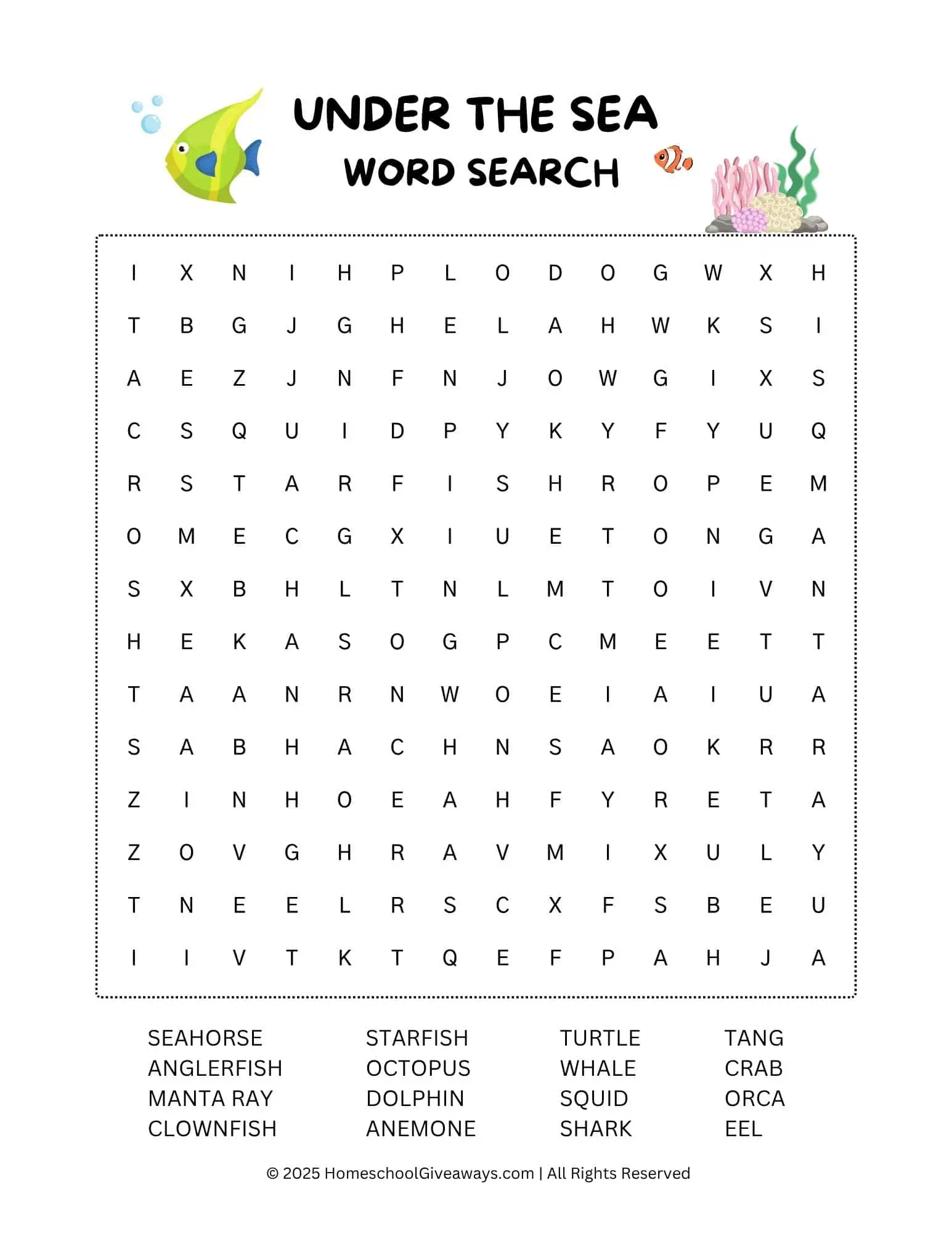 Free printable Under the Sea word search for kids with 16 ocean animals to find, including seahorse, clownfish, dolphin, octopus, shark, and whale. Features cute fish and an anemone illustration.
