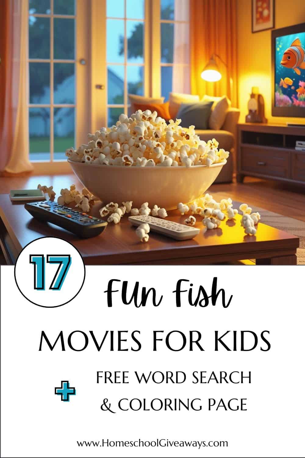 17 fun fish movies for kids graphic with text overlay promoting free word search and coloring page. Image shows popcorn and a remote on a coffee table with an animated fish movie playing on the TV.