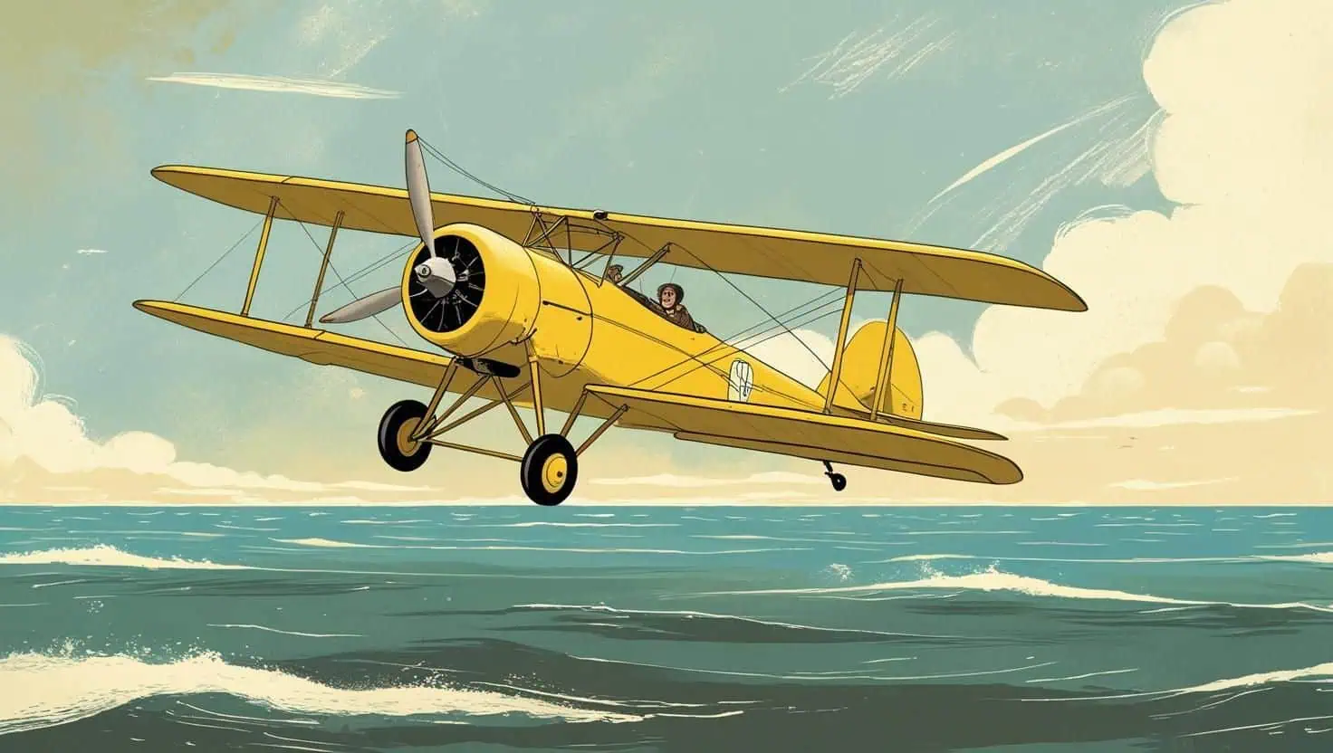 Vintage-style illustration of Amelia Earhart's yellow ‘Canary' biplane flying over the Atlantic Ocean, with a small friendly cartoon face of Amelia in the cockpit, soft muted colors, gentle waves, and a light cloudy sky background.