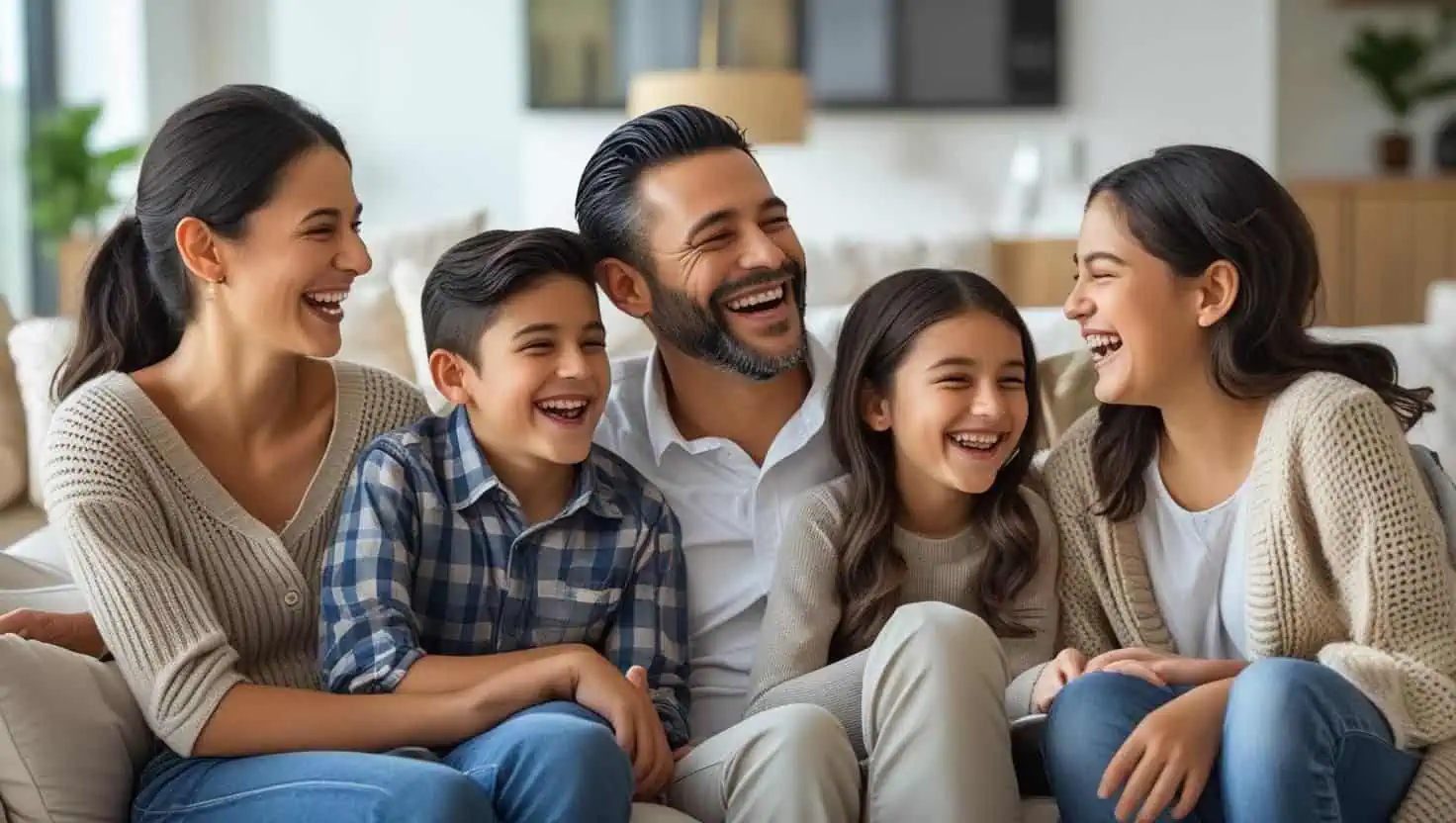 A happy family with a mom, dad, son, and daughter sitting together and laughing in a bright living room, enjoying time together