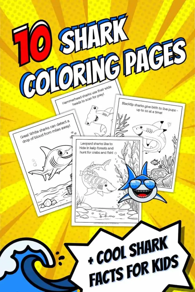 Bright comic-style pin image with a smiling shark in sunglasses, ocean wave, and preview of 4 shark coloring pages. Text reads “10 Shark Coloring Pages + Cool Shark Facts for Kids.”