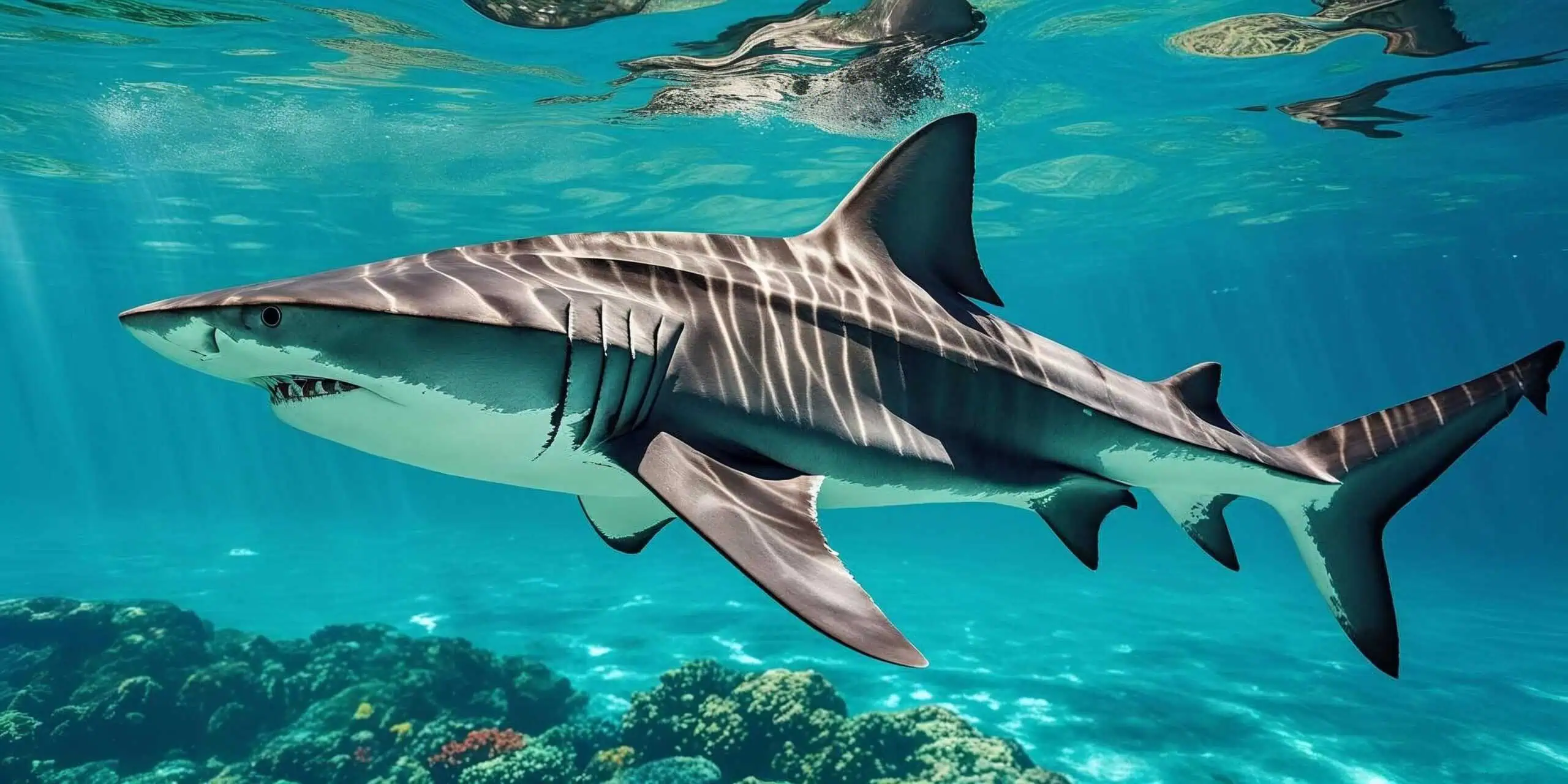 Photo of a great white shark swimming through shallow ocean water near the shore, showcasing its powerful body and dorsal fin.