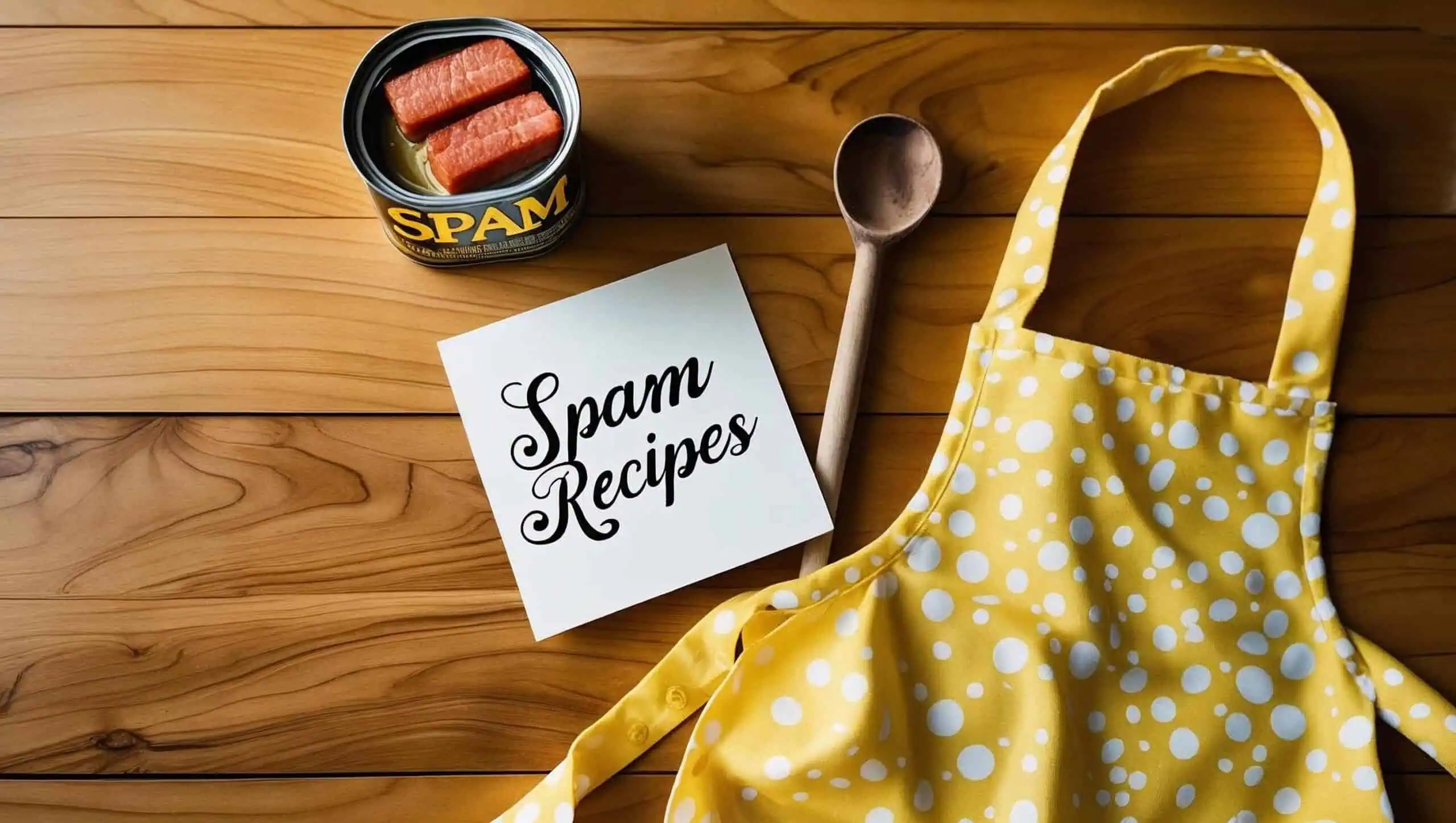 wooden counter with a spam recipes card, open can of spam, yellow apron and spoon