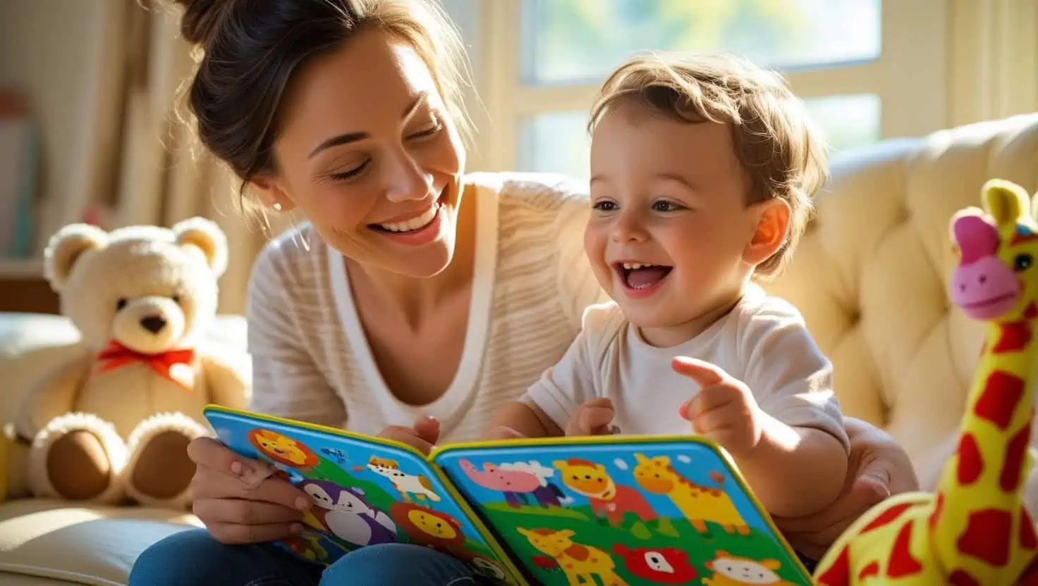 A mother sitting on a cozy couch reading a colorful board book to her smiling toddler, with soft toys in the background and sunlight streaming through a window.