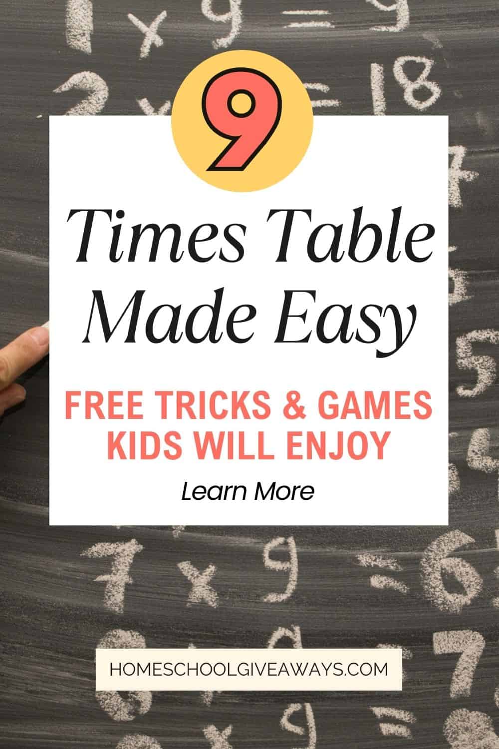 Chalkboard background with the 9 times table written in neat white chalk. Overlaid text reads: ‘9 Times Table Made Easy | Free Tricks & Games Kids Will Enjoy.