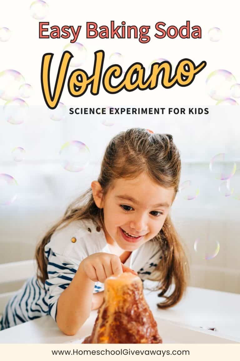 Exicited girl getting read to touch a fizzy volcano on a table with text that says "Easy Baking Soda Volcano Science Experiment for Kids"