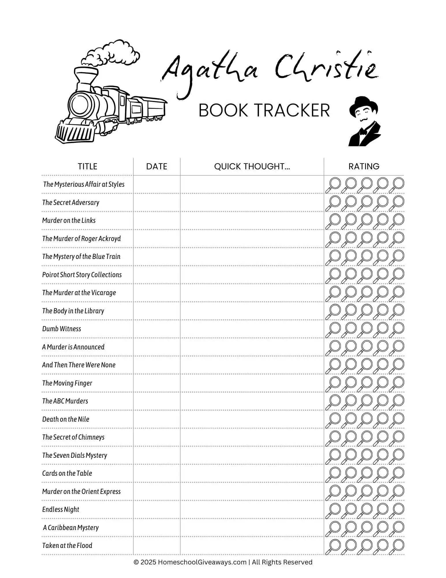 Printable Best Agatha Christie Books Tracker featuring an outline of a train and Poirot by the title. Includes space for teens to record the date they read each book, jot quick thoughts, rate with 5 magnifying glasses