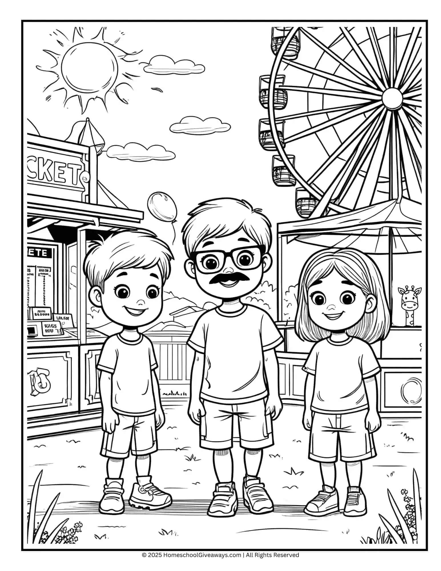 County fair coloring page featuring Noah, Nora, and their dad smiling together. Behind them are a ticket booth, a Ferris wheel, and a game booth with a giraffe peeking out.