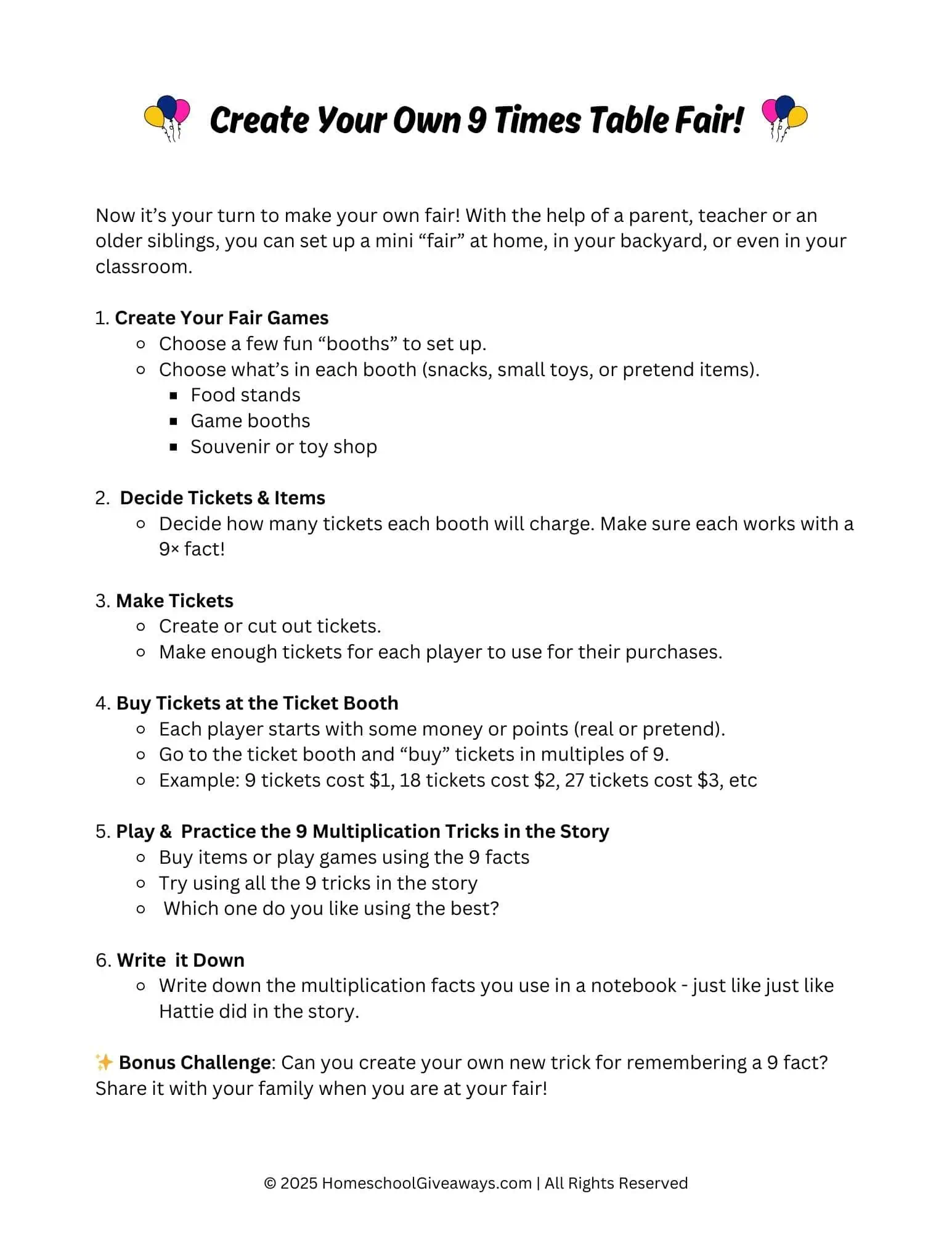 Create Your Own Fair” activity page with a title decorated by three balloons on each side in blue, yellow, and pink. The page lists six steps for kids to design their own fair, plus a bonus challenge at the end