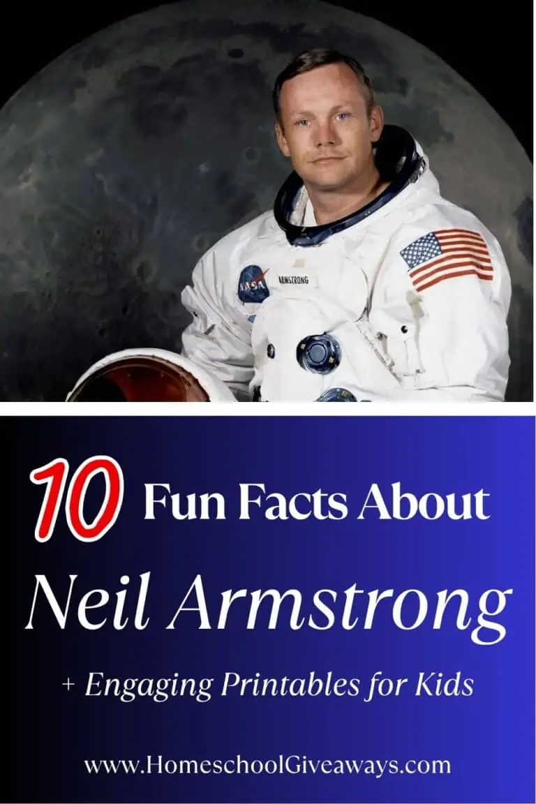 Official NASA portrait of Neil Armstrong in his white astronaut suit, standing with his helmet at his side. Image includes the title text: “10 Fun Facts About Neil Armstrong + Engaging Printables for Kids.”