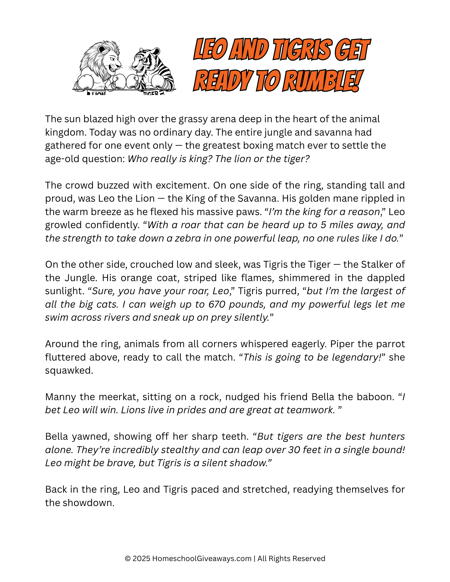 First page of story showing a dramatic opening to a fictional lion vs. tiger boxing match. The text sets the scene for a fun, action-packed showdown between two animal champions, written for kids ages 8-10.