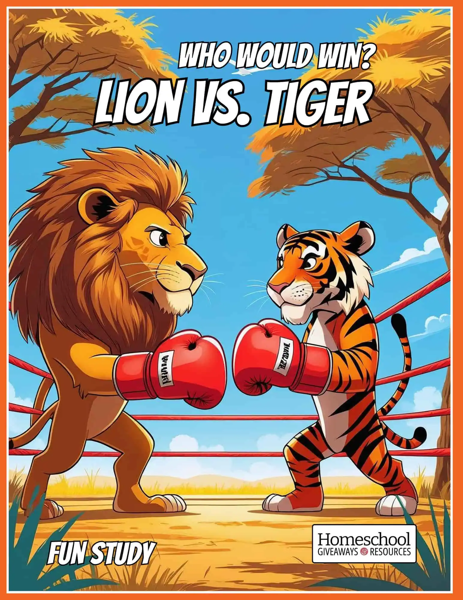 Colorful graphic showing a lion vs tiger facing off in a boxing ring set on the savanna