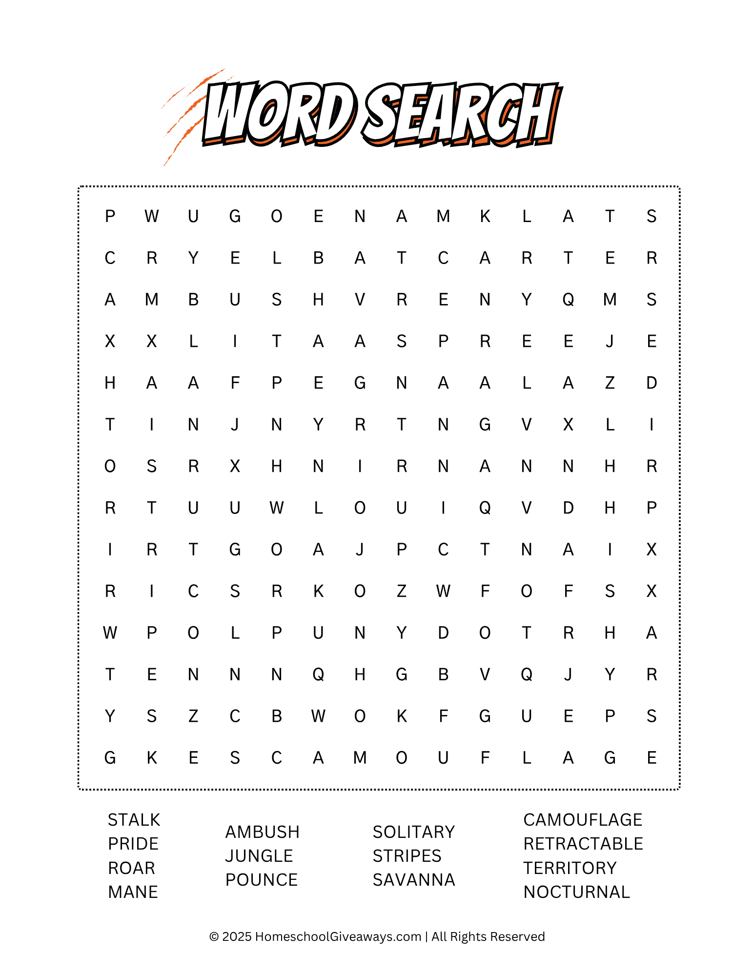 Vocabulary word search puzzle featuring 14 words related to the lion vs tiger nonfiction story. Words are hidden horizontally, vertically, and diagonally for kids to find and learn key terms from the study.