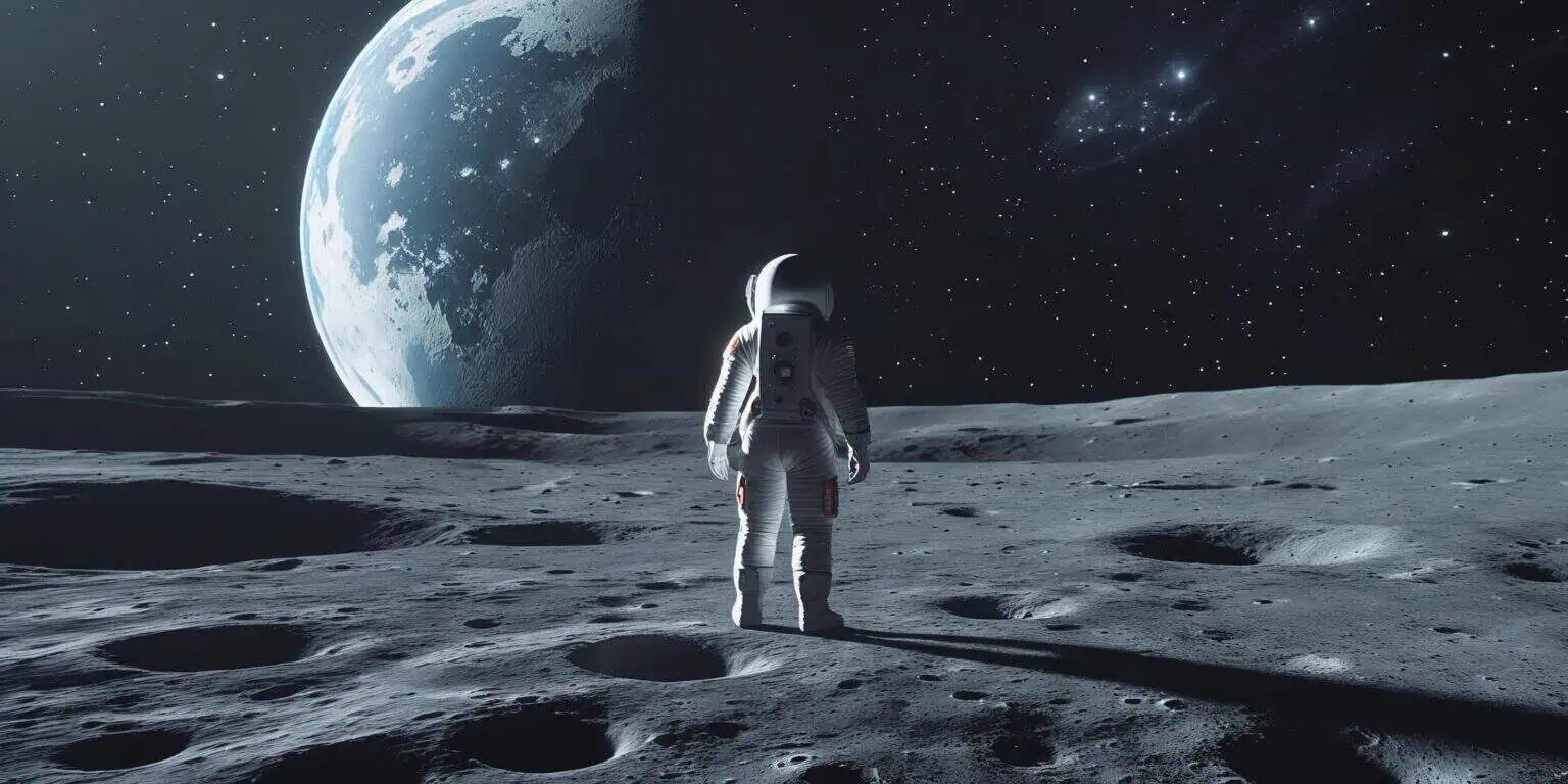  realistic scene of an astronaut standing on the moon with the Earth visible in the starry space sky behind him. The astronaut’s back is facing the viewer, and the moon’s rocky surface stretches out around him. The image evokes a sense of exploration and discovery.
