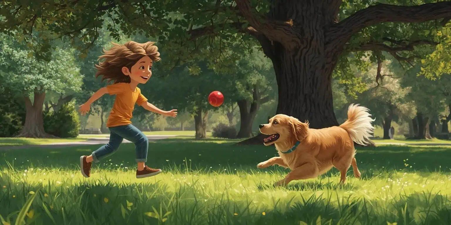 Dog movies for Kids shows A tween playing fetch with a medium-sized dog in a sunny park. The child is tossing a ball while the dog runs to catch it, surrounded by green grass and trees on a bright day.