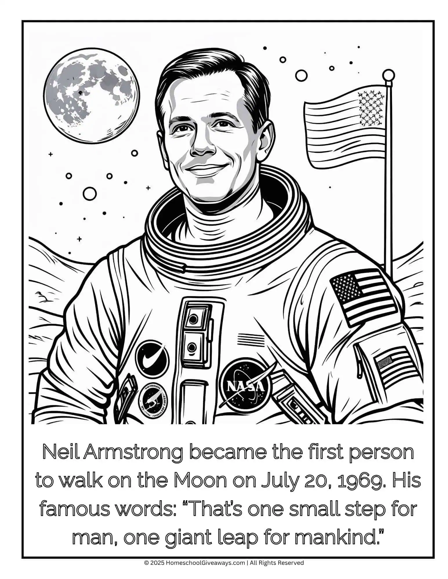 Black and white coloring page of Neil Armstrong smiling in his space suit with the Moon and a flag in the background, designed for kids to color.