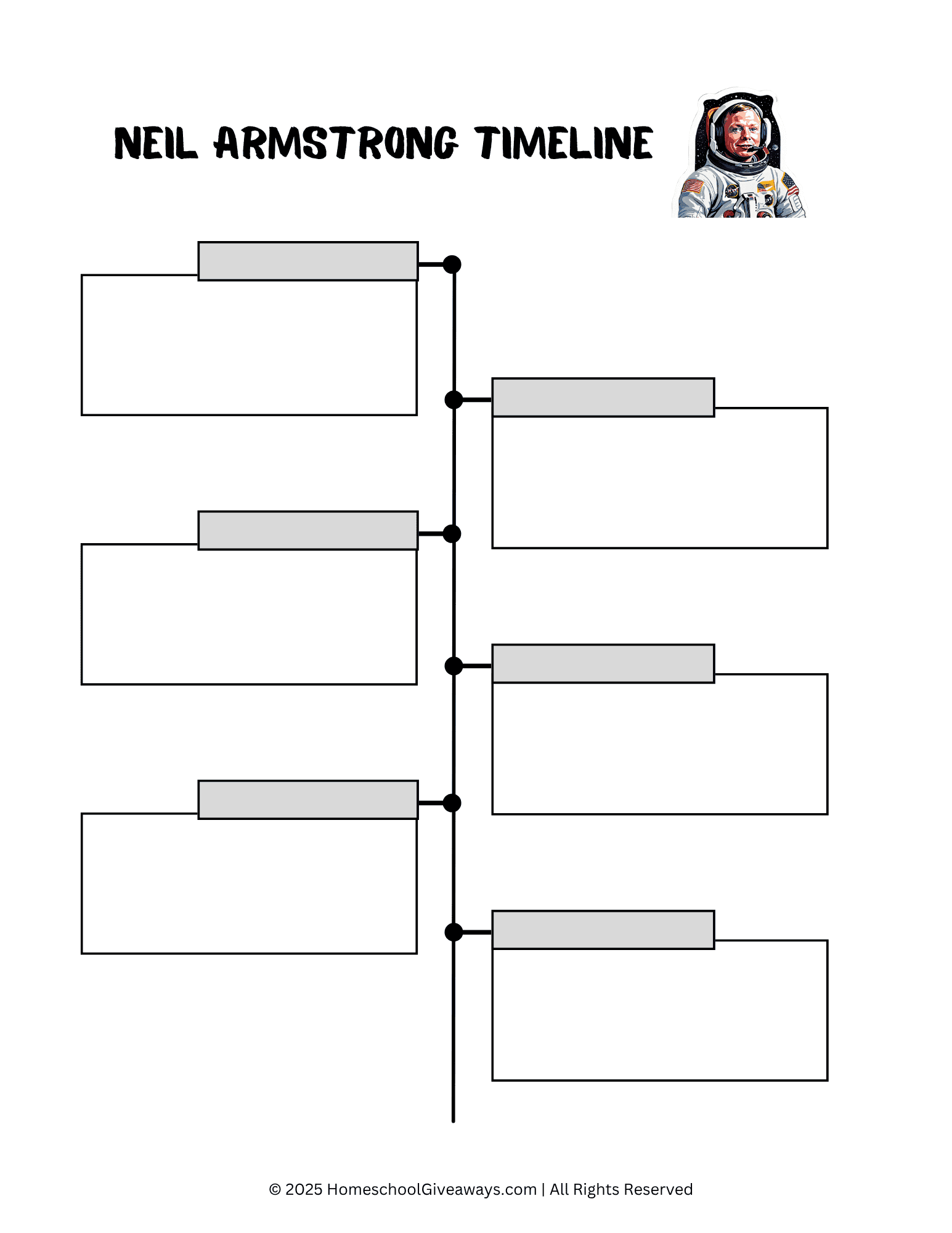 Printable timeline activity page featuring six blank boxes for kids to fill in key events from Neil Armstrong's life. The page includes a sticker-style illustration of Neil Armstrong in his astronaut suit