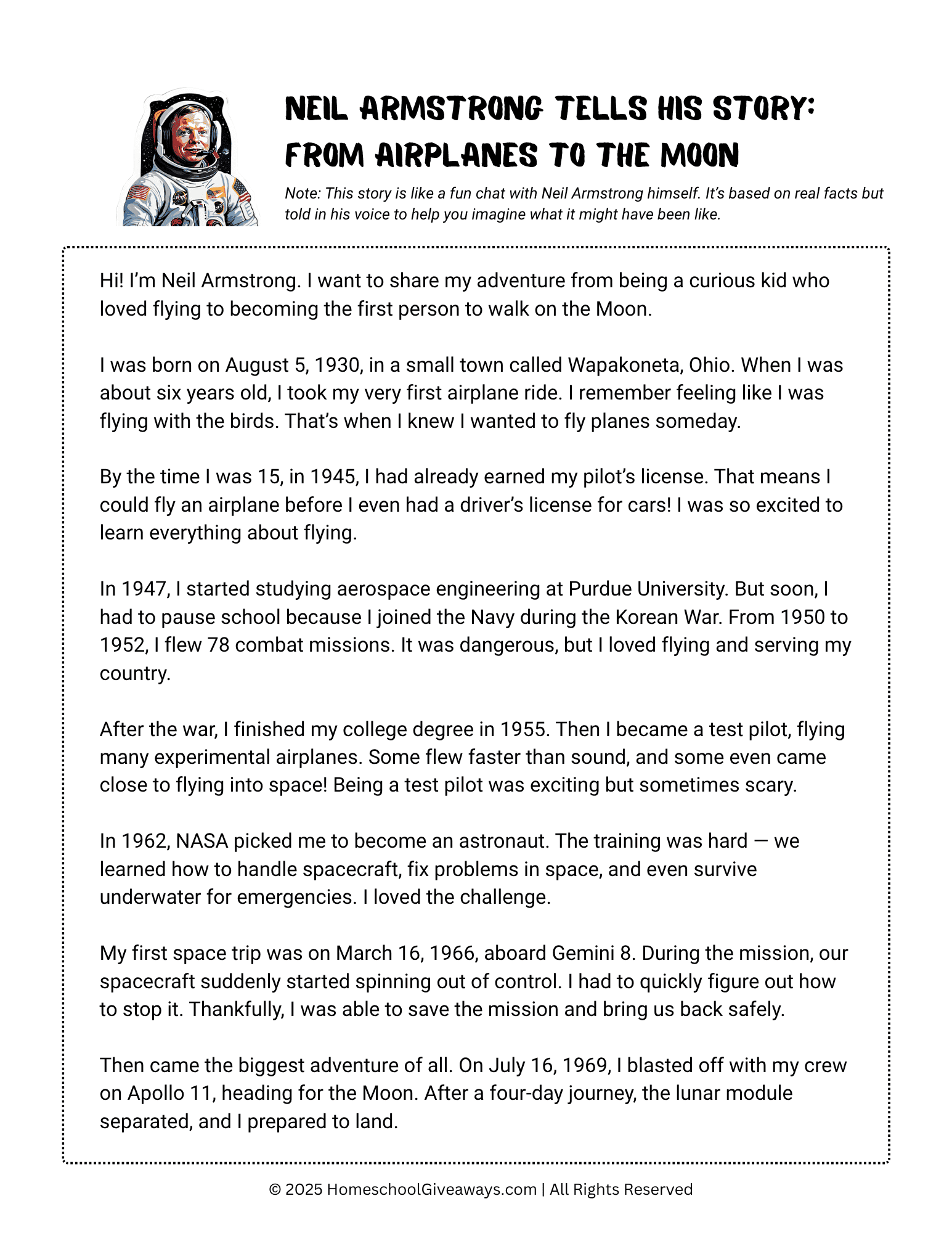 A Story from SpaceFirst page of a printable timeline story for kids titled "Neil Armstrong Tells His Story: From Airplanes to the Moon." The page includes the beginning of the story and a sticker-style illustration of Neil Armstrong in his astronaut suit.