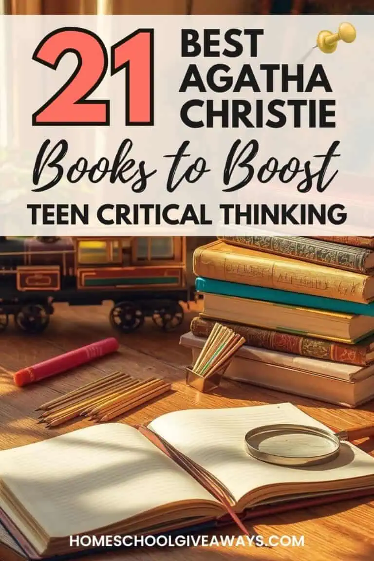 Bright, cheerful scene of a sunlit wooden desk with a stack of books, a notebook, colorful pencils, a magnifying glass, and a toy train or map. Designed to highlight ‘21 Best Agatha Christie Books to Boost Teen Critical Thinking.’