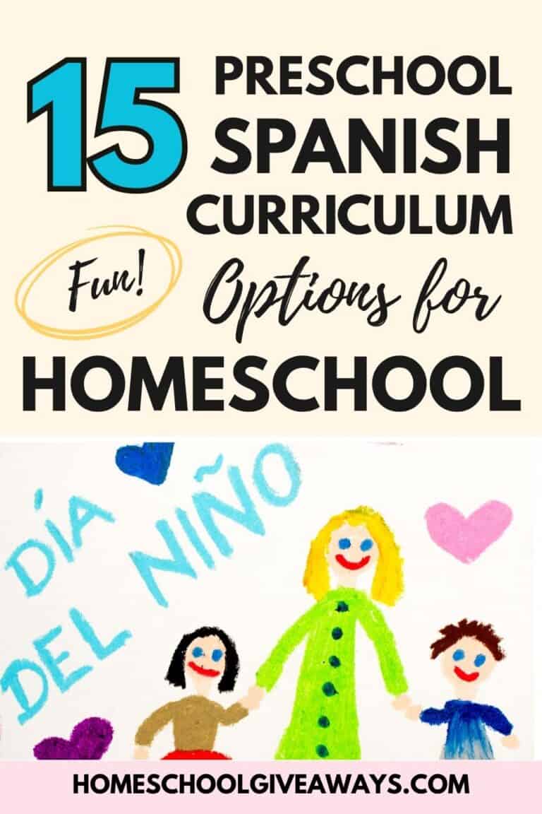 Text overlay reads “15 Preschool Spanish Curriculum Options for Homeschool.” Below, a crayon-style drawing shows a girl, mom, and son with hearts and the words “Día del Niño” written in crayon.