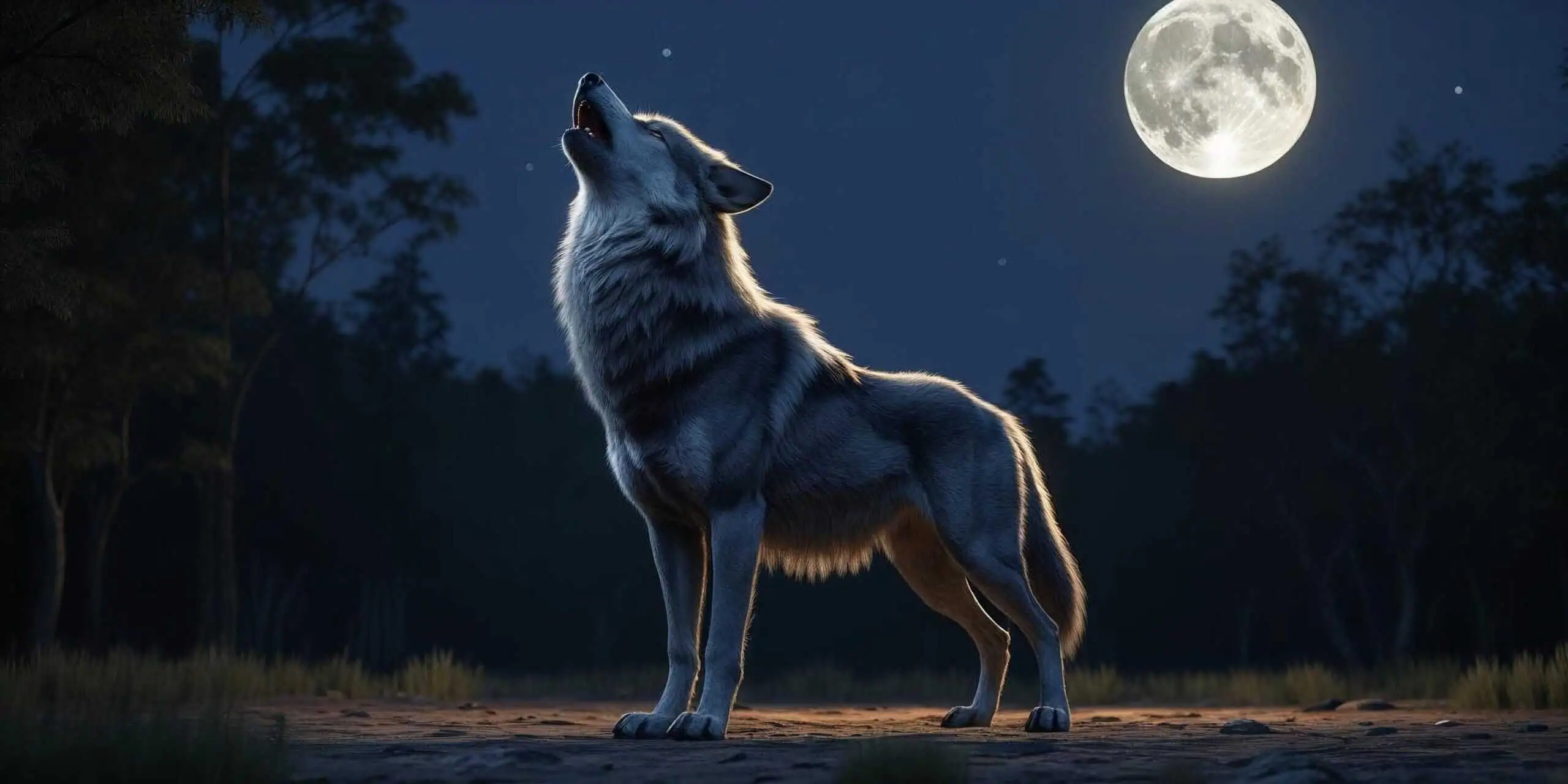 Majestic wolf standing in a forest clearing at night, howling at a bright full moon with trees and soft moonlight surrounding it. Why do wolves howl anyway?