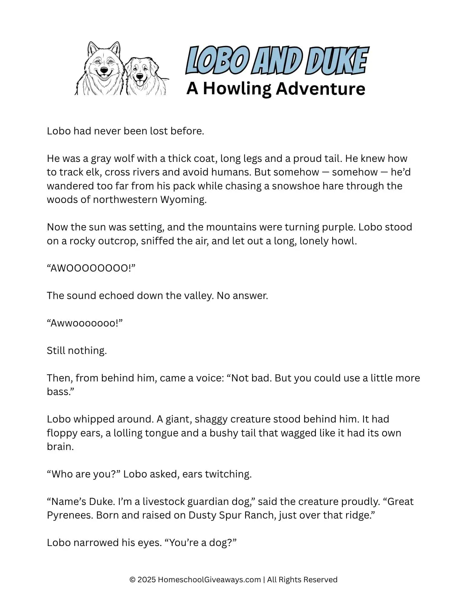 First page of the story "Lobo and Duke: A Howling Adventure" featuring a black and white outline illustration of a smiling wolf and dog side by side beside the title.
