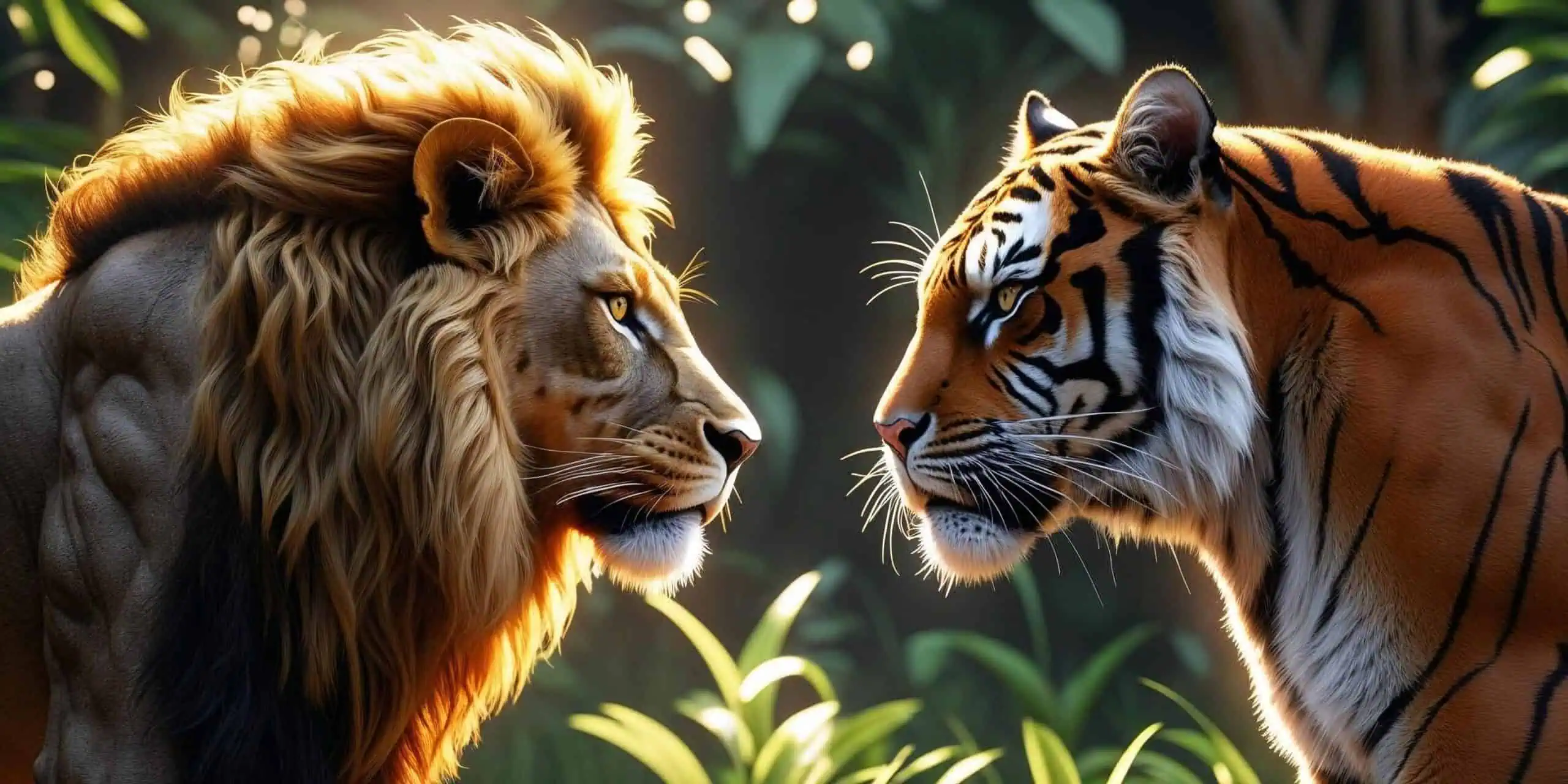 A lion vs tiger image where they calmly face each other in a lush jungle setting, surrounded by green foliage and trees.