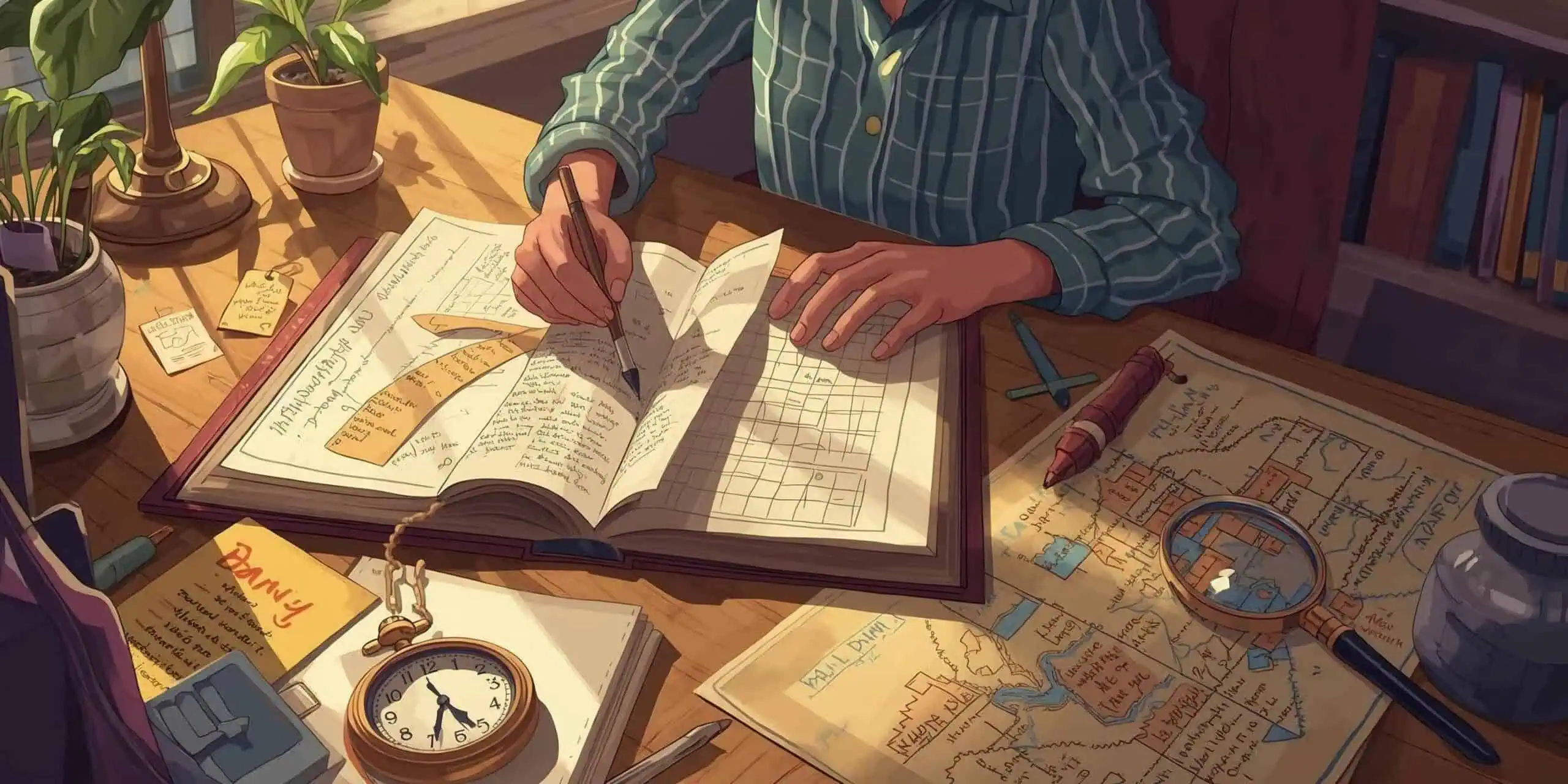 Illustration of a teen-friendly mystery scene with a book, a notebook filled with doodled clues, a magnifying glass, a small pocket watch, and a map. Warm, inviting lighting creates a cozy homeschool atmosphere.  