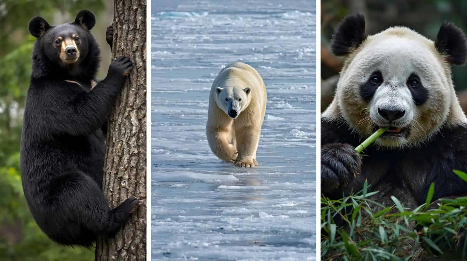 3 types of bears side by side: black bear in a tree, polar bear walking on ice & a panda eating bamboo